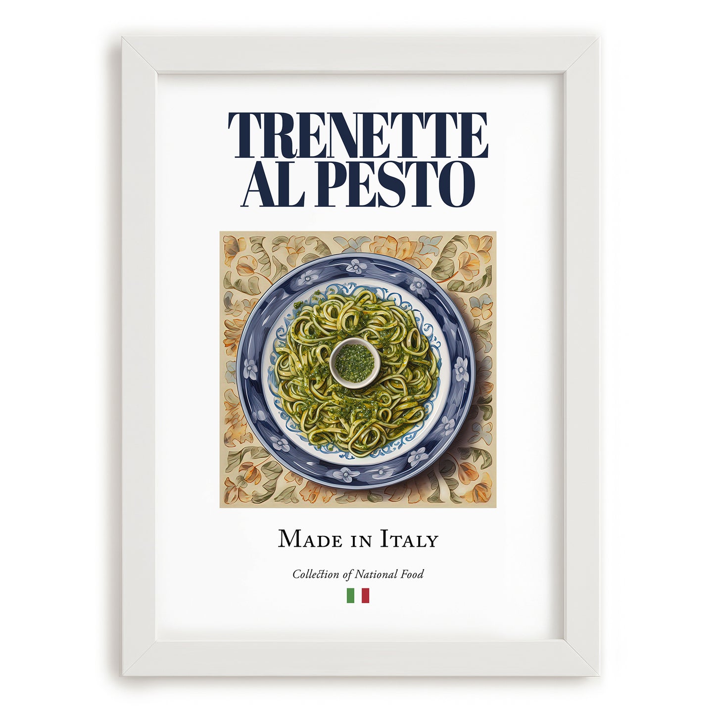 Trenette al Pesto – Italian Pasta, Trattoria Wall Art, placed in minimal white frame