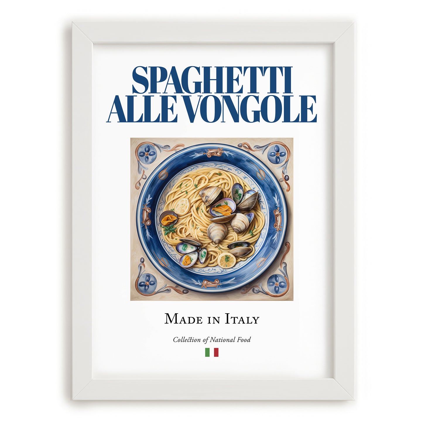 Spaghetti alle Vongole – Italian Pasta, Restaurant Still Life, placed in minimal white frame