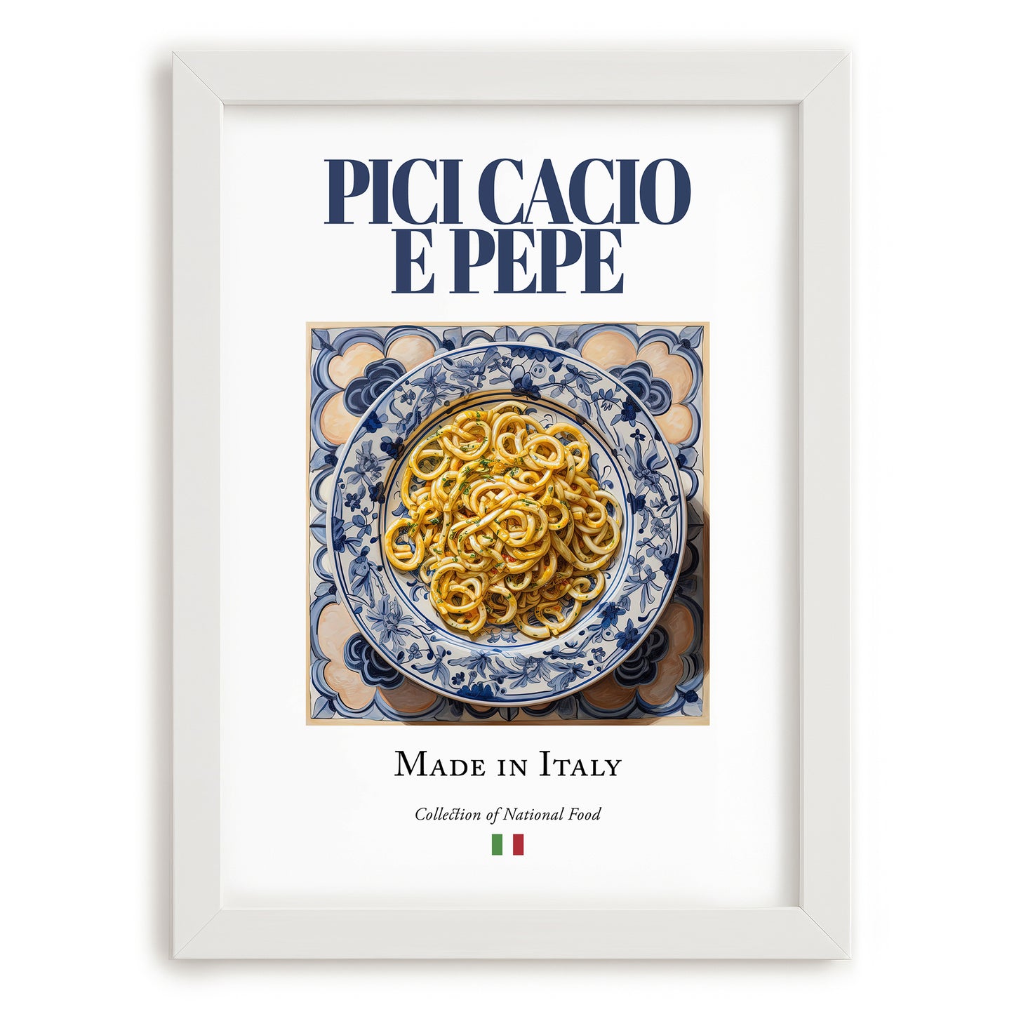 Pici Cacio e Pepe – Italian Pasta, Trattoria Wall Decor, placed in minimal white frame