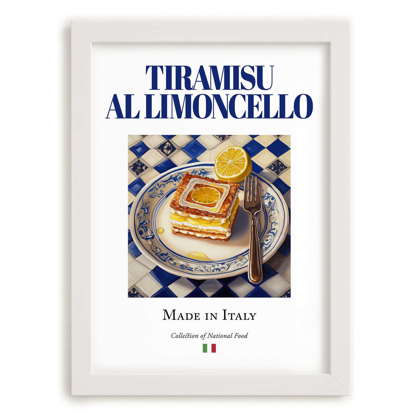 Tiramisu al Limoncello – Italian Dessert Dish, Restaurant Print, placed in minimal white frame