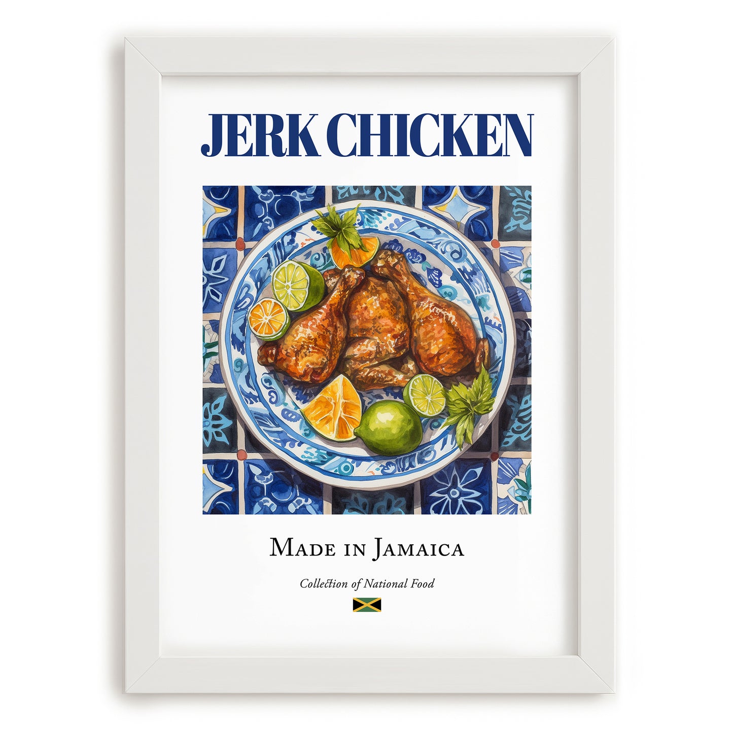 Jerk Chicken – Jamaican Meat Dish, Tavern Still Life, placed in minimal white frame