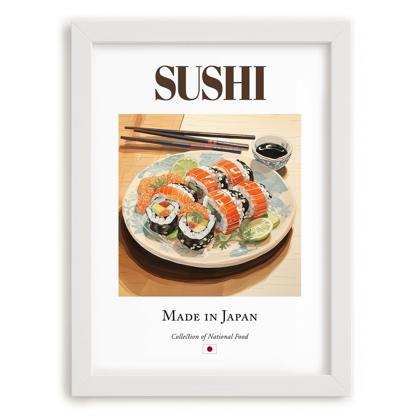 Sushi – Japanese Dish, Tavern Wall Art, placed in minimal white frame