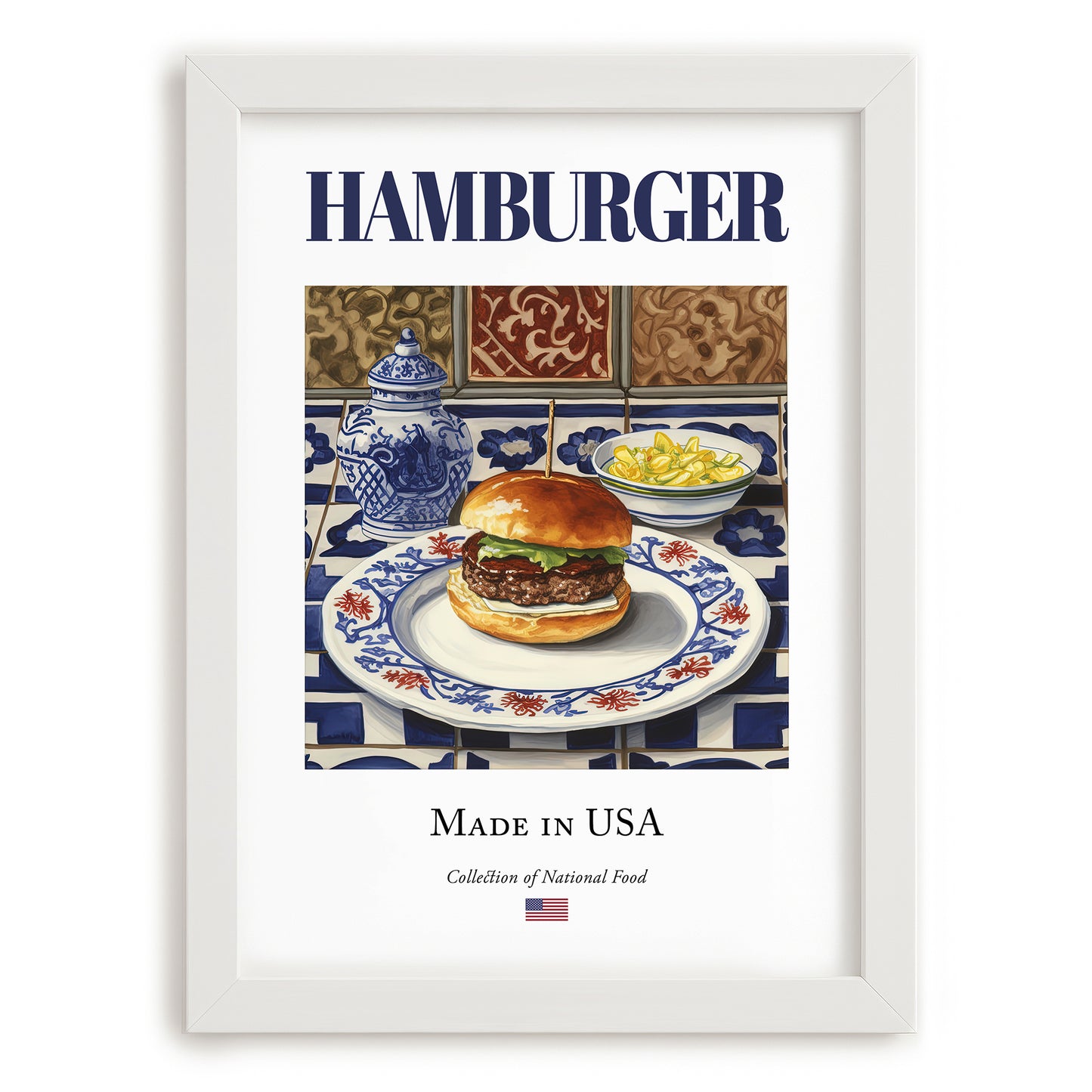 Hamburger – American Snack Dish, Bistro Poster, placed in minimal white frame