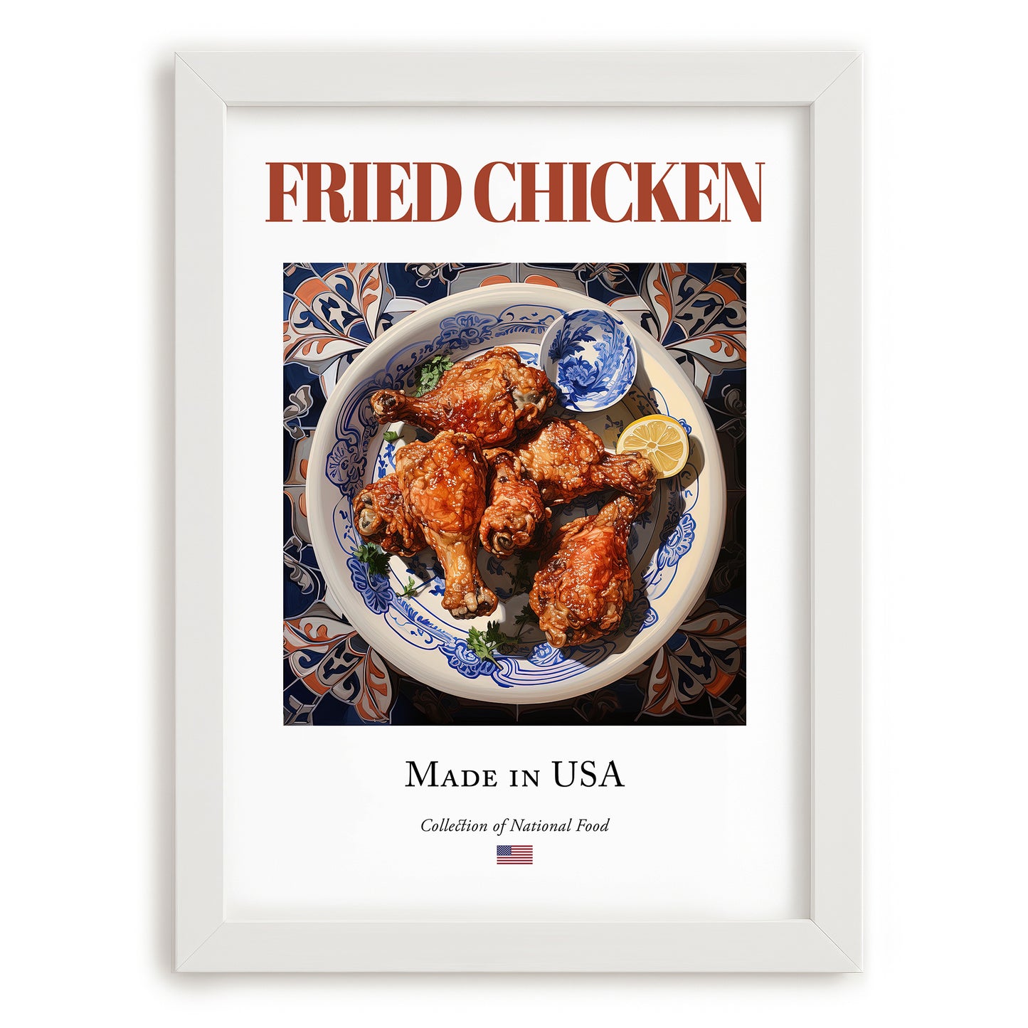 Fried Chicken – American Meat Dish, Restaurant Poster, placed in minimal white frame