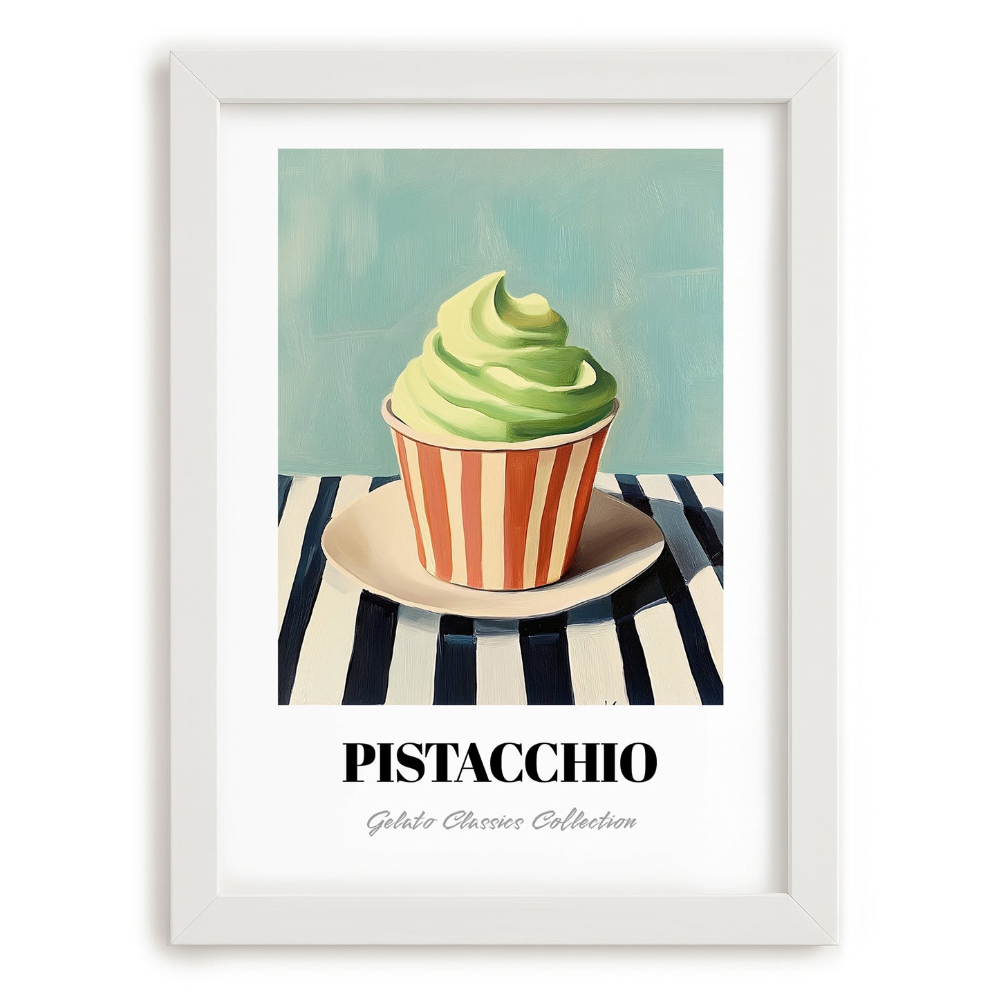 Pistacchio – on Striped Tablecloth, Gelato Still Life, placed in minimal white frame