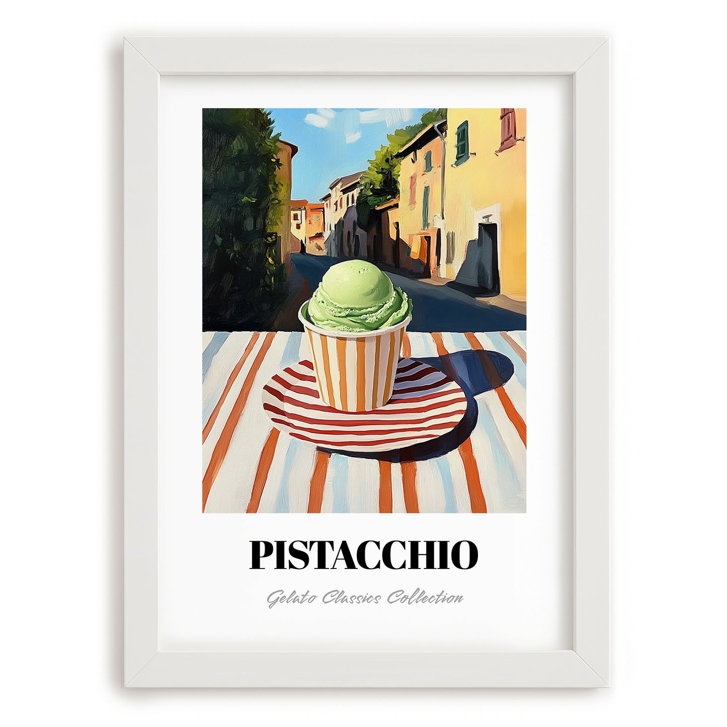 Gelato Pistacchio – Italian Urban Café Scene, Gelato Illustration, placed in minimal white frame