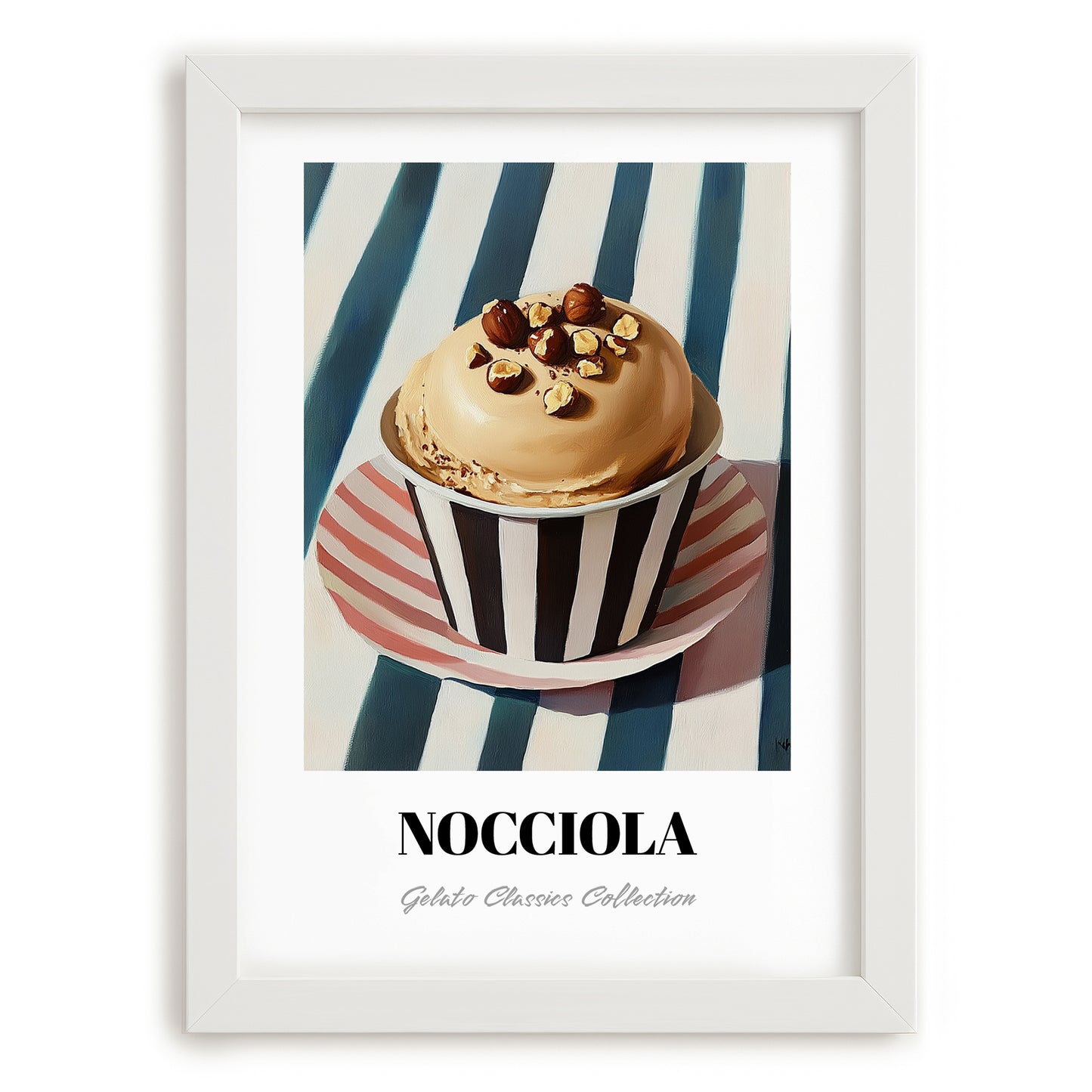 Nocciola – on Striped Tablecloth, Gelato Print, placed in minimal white frame
