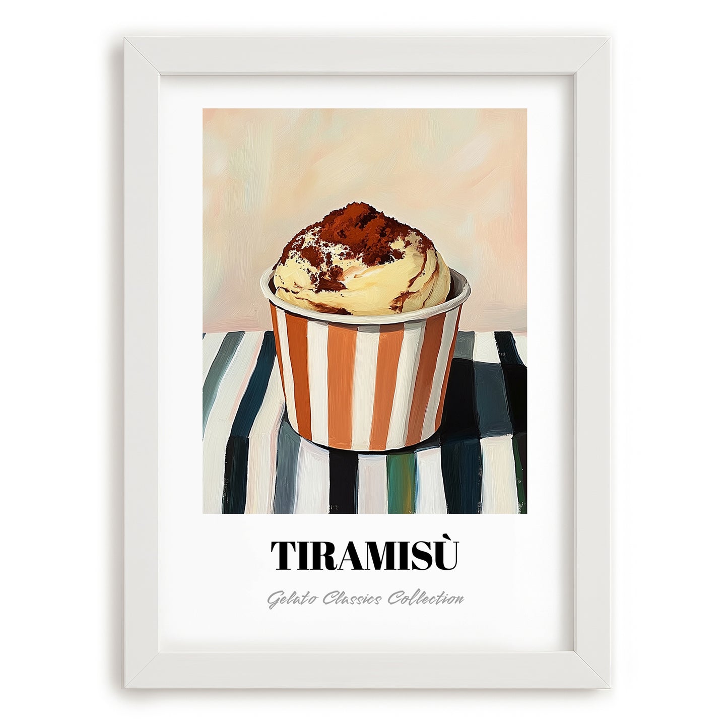 Tiramisu – on Striped Tablecloth, Gelato Wall Decor, placed in minimal white frame