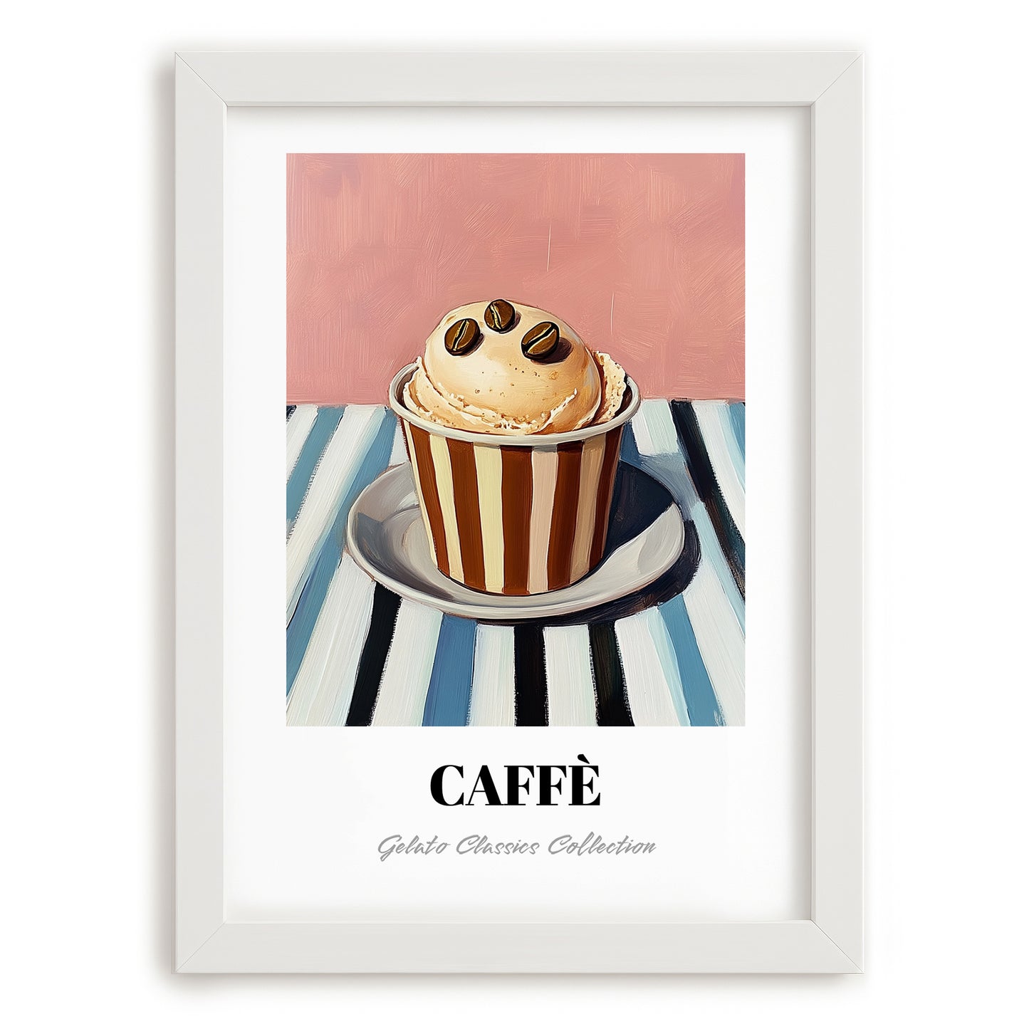 Caffe – on Striped Tablecloth, Gelato Painting, placed in minimal white frame