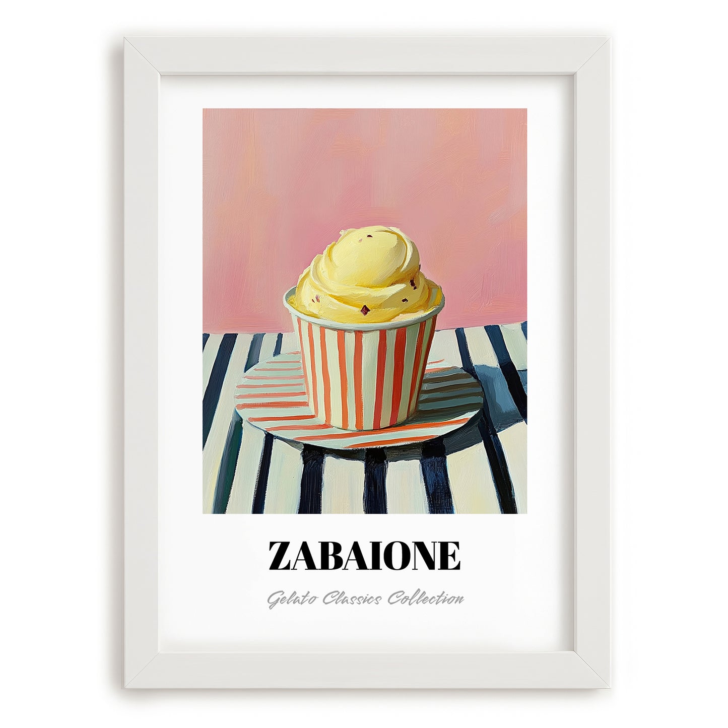 Zabaione – on Striped Tablecloth, Gelato Wall Decor, placed in minimal white frame