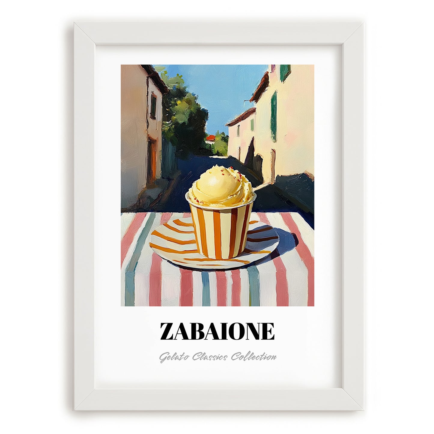 Gelato Zabaione – Italian Street Café Scene, Gelato Painting, placed in minimal white frame