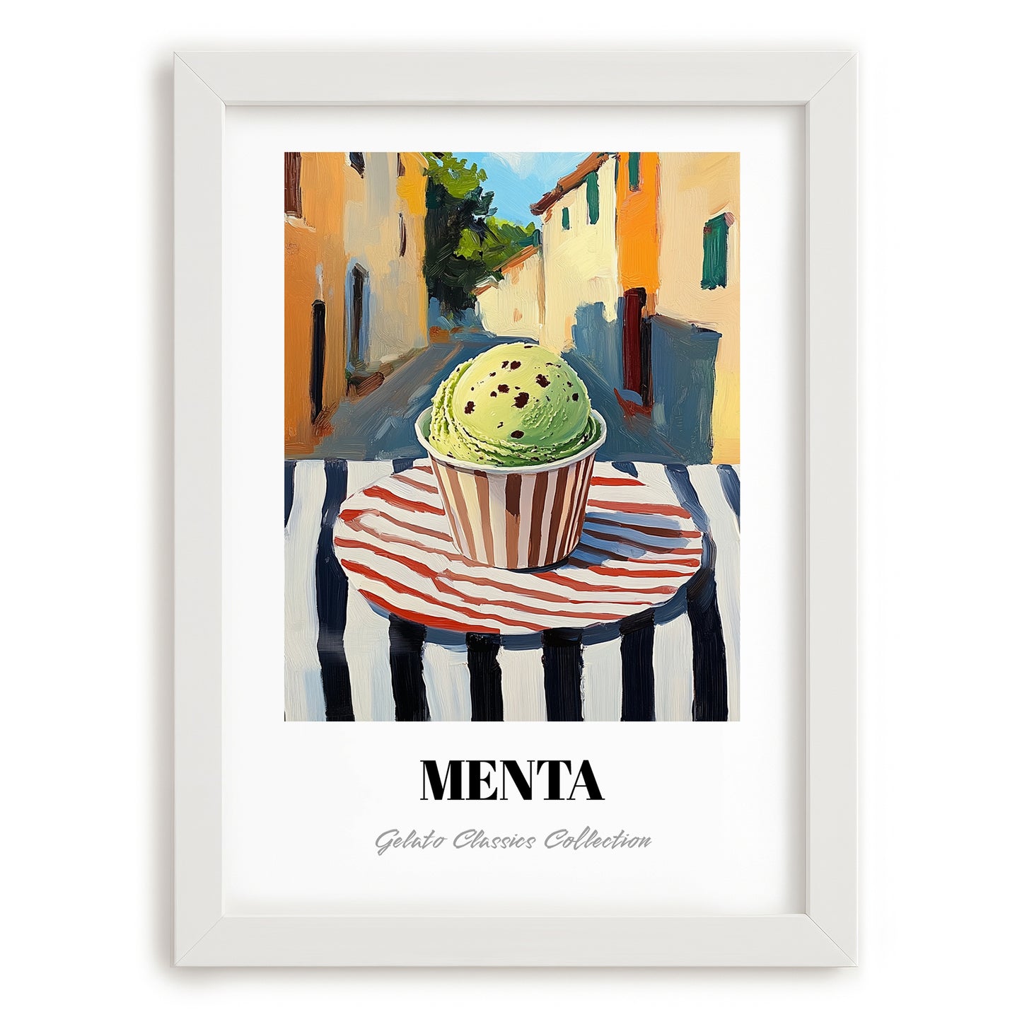 Gelato Menta – Italian Café on the Corner, Gelato Painting, placed in minimal white frame
