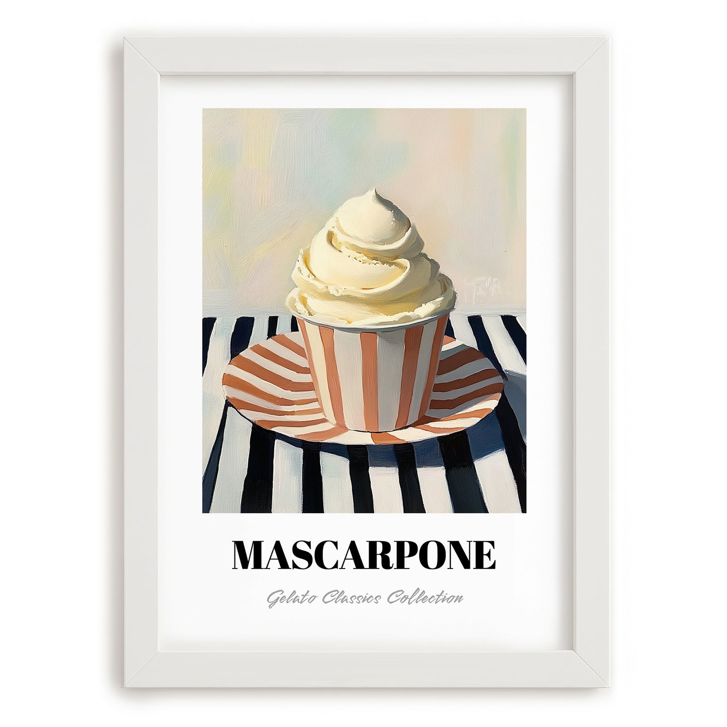 Mascarpone – on Striped Tablecloth, Gelato Still Life, placed in minimal white frame