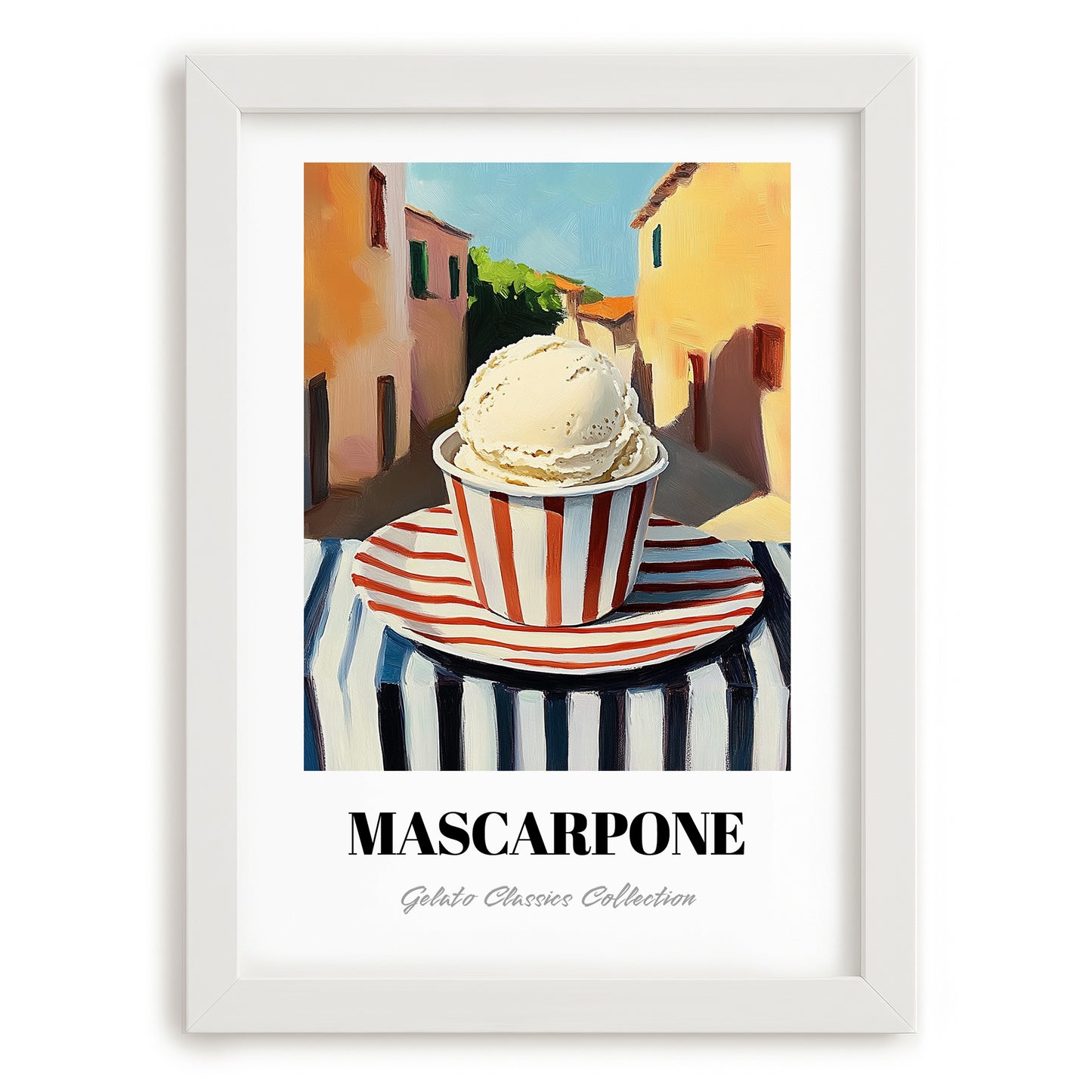 Gelato Mascarpone – Italian Street Café Scene, Gelato Still Life, placed in minimal white frame