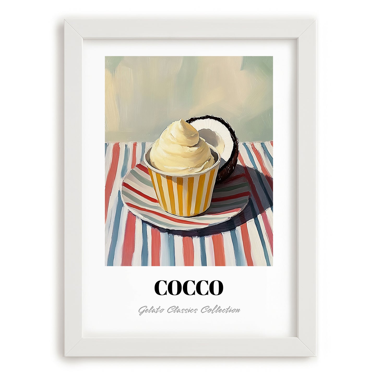 Cocco – on Striped Tablecloth, Gelato Painting, placed in minimal white frame