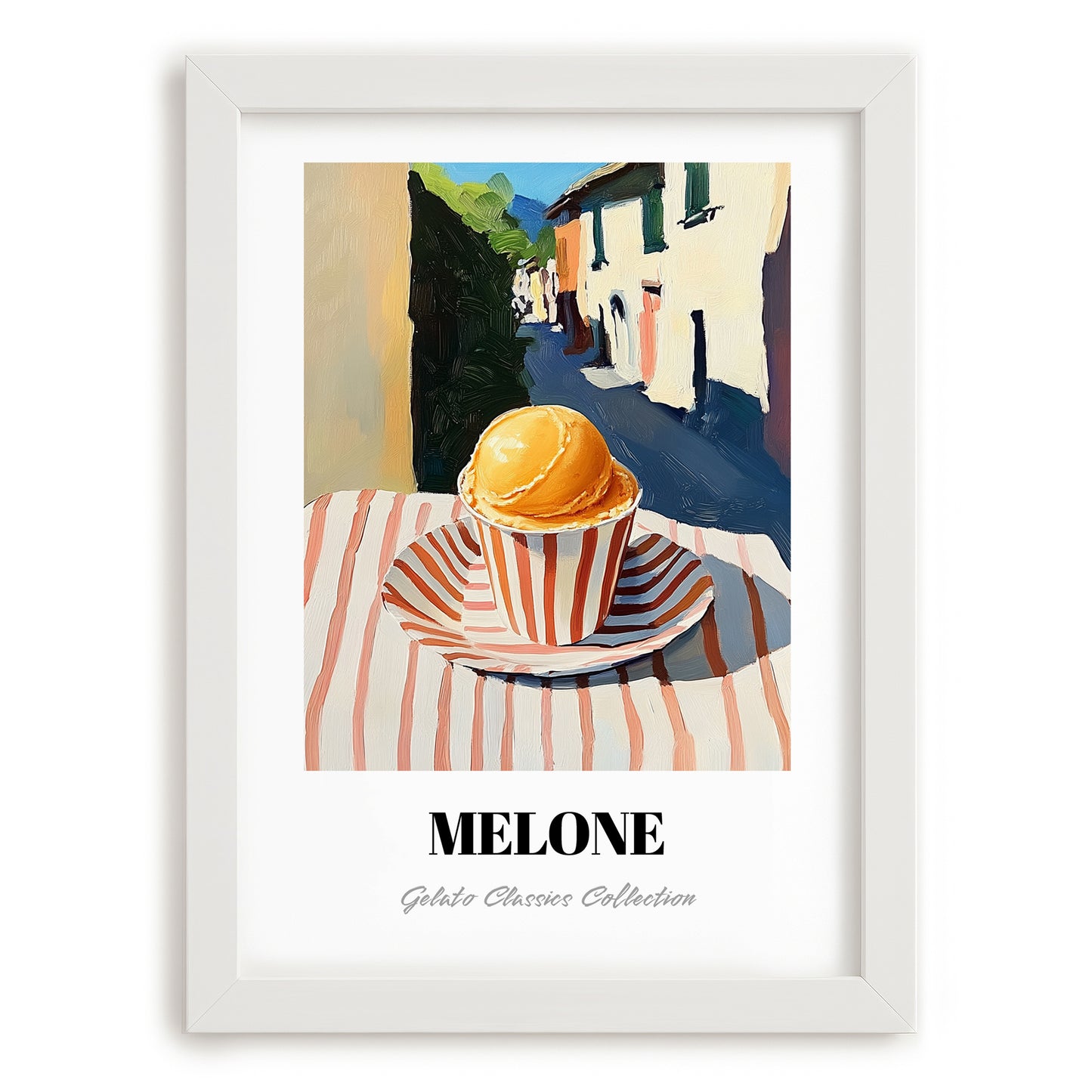 Gelato Melone – Italian Street Café Scene, Gelato Painting, placed in minimal white frame