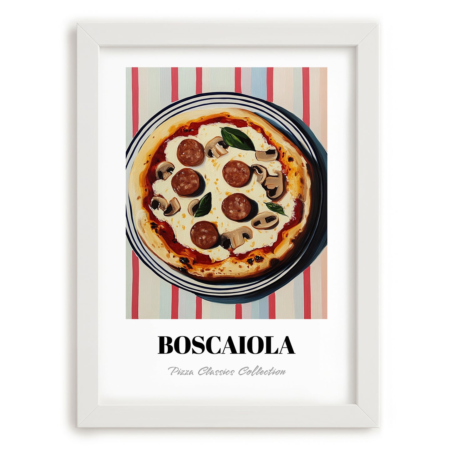 Boscaiola – on Striped Tablecloth, Pizza Wall Decor, placed in minimal white frame