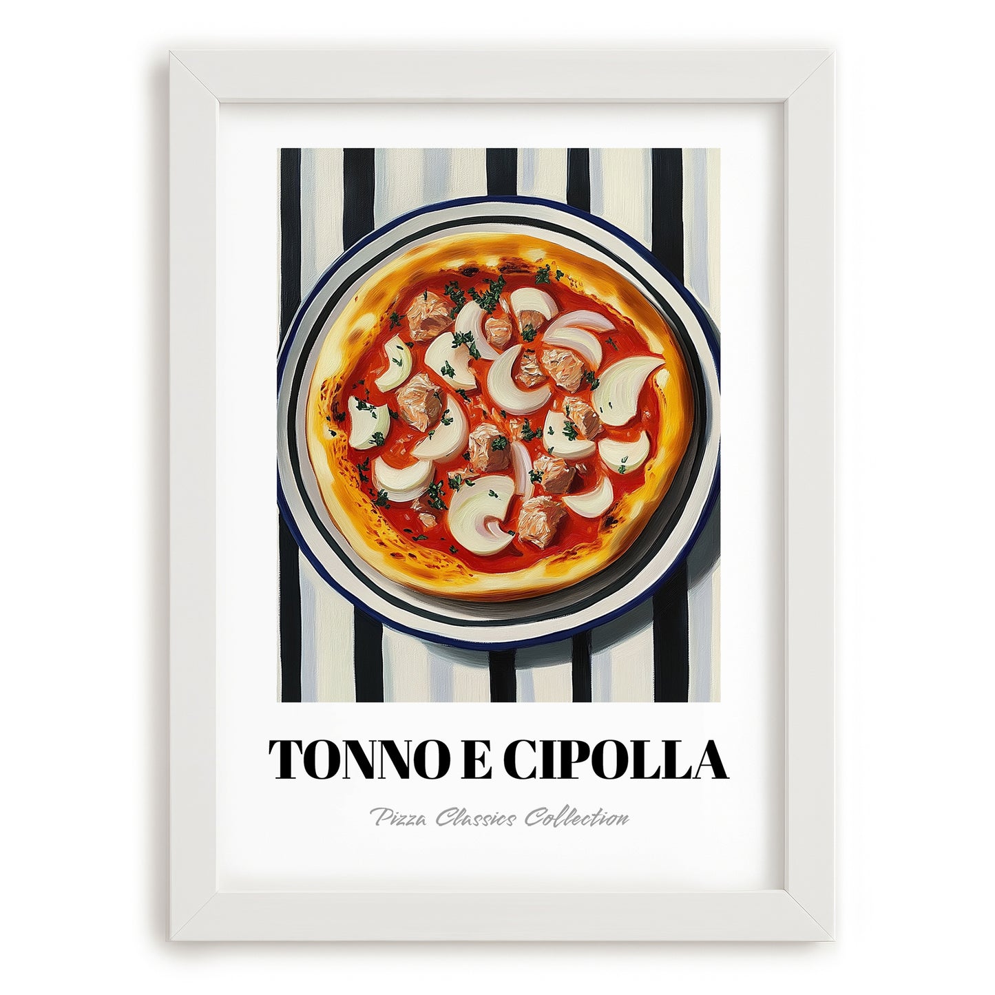 Tonno E Cipolla – on Striped Tablecloth, Pizza Illustration, placed in minimal white frame