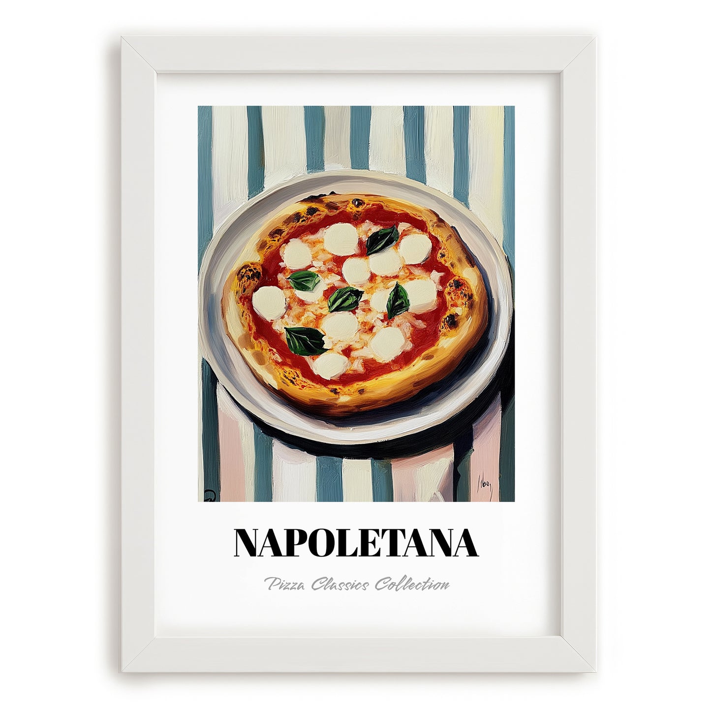Napoletana – on Striped Tablecloth, Pizza Art, placed in minimal white frame