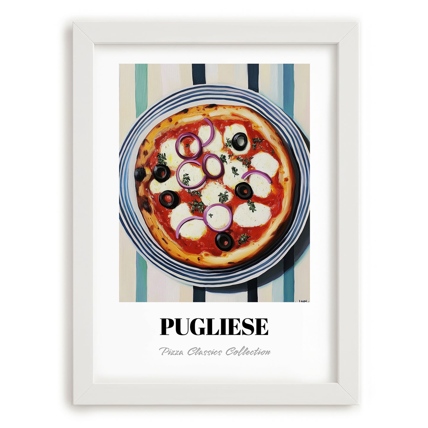 Pugliese – on Striped Tablecloth, Pizza Still Life, placed in minimal white frame