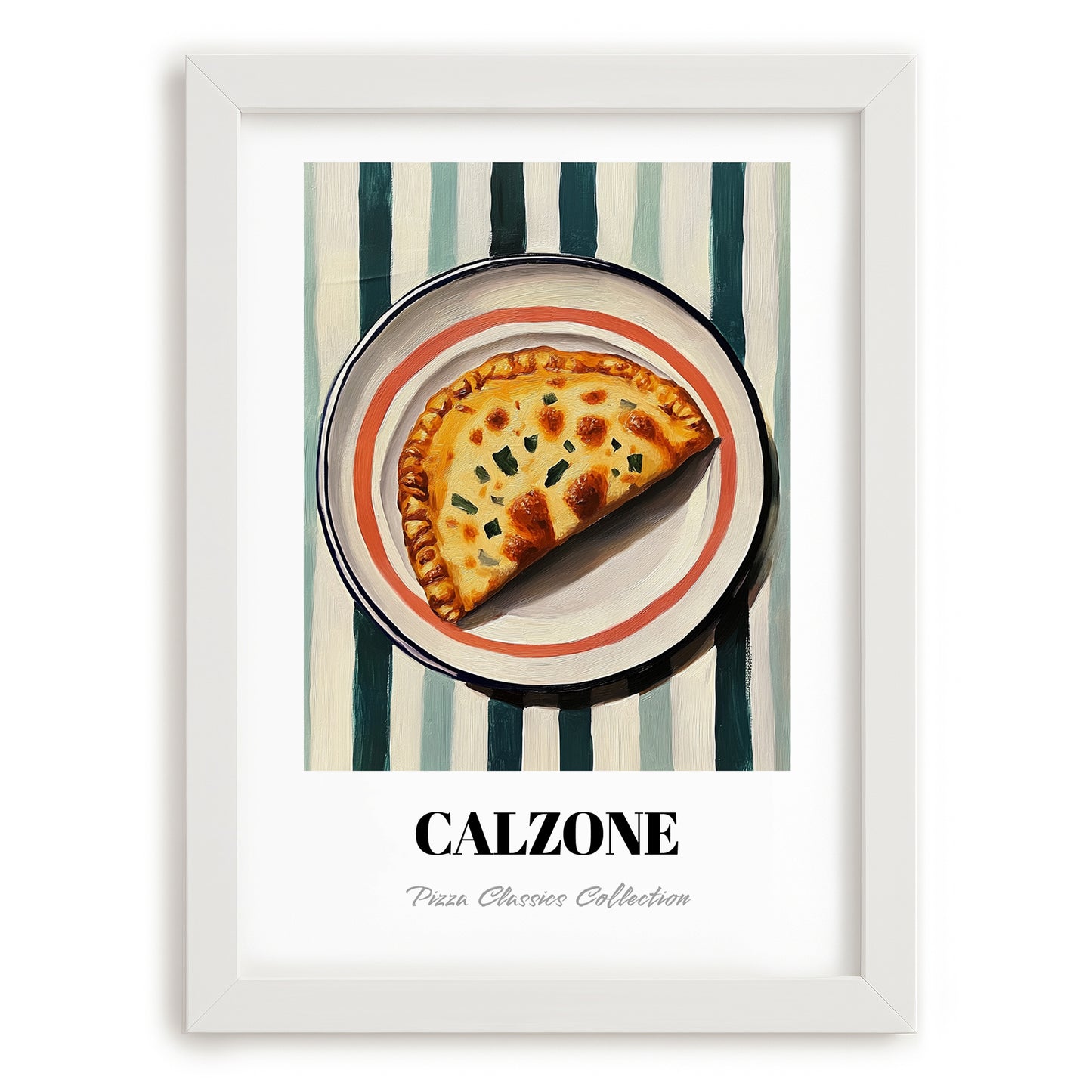 Calzone – on Striped Tablecloth, Pizza Wall Art, placed in minimal white frame