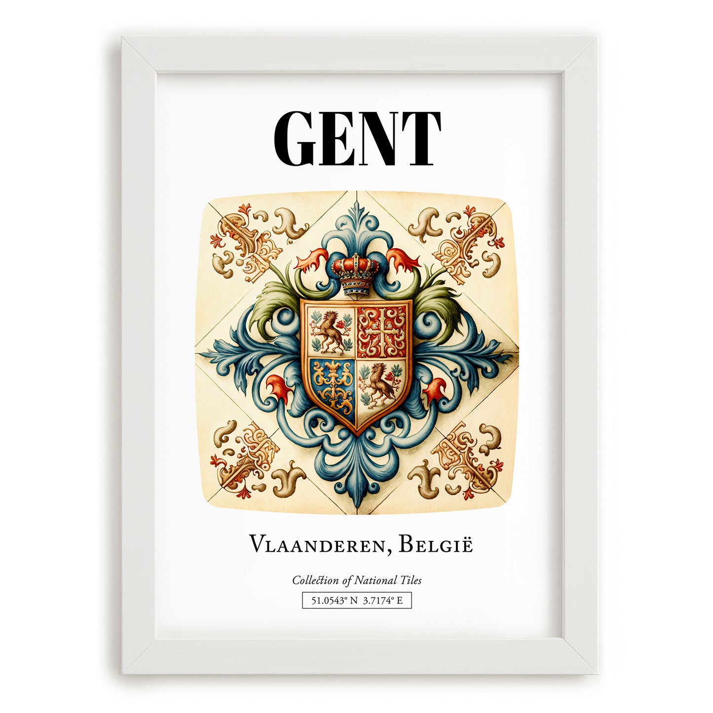Ghent, Belgium – Travel Poster, placed in minimal white frame