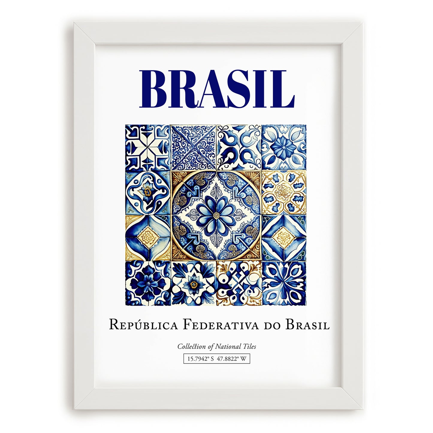 Azulejo, Brasil – Travel Poster, placed in minimal white frame