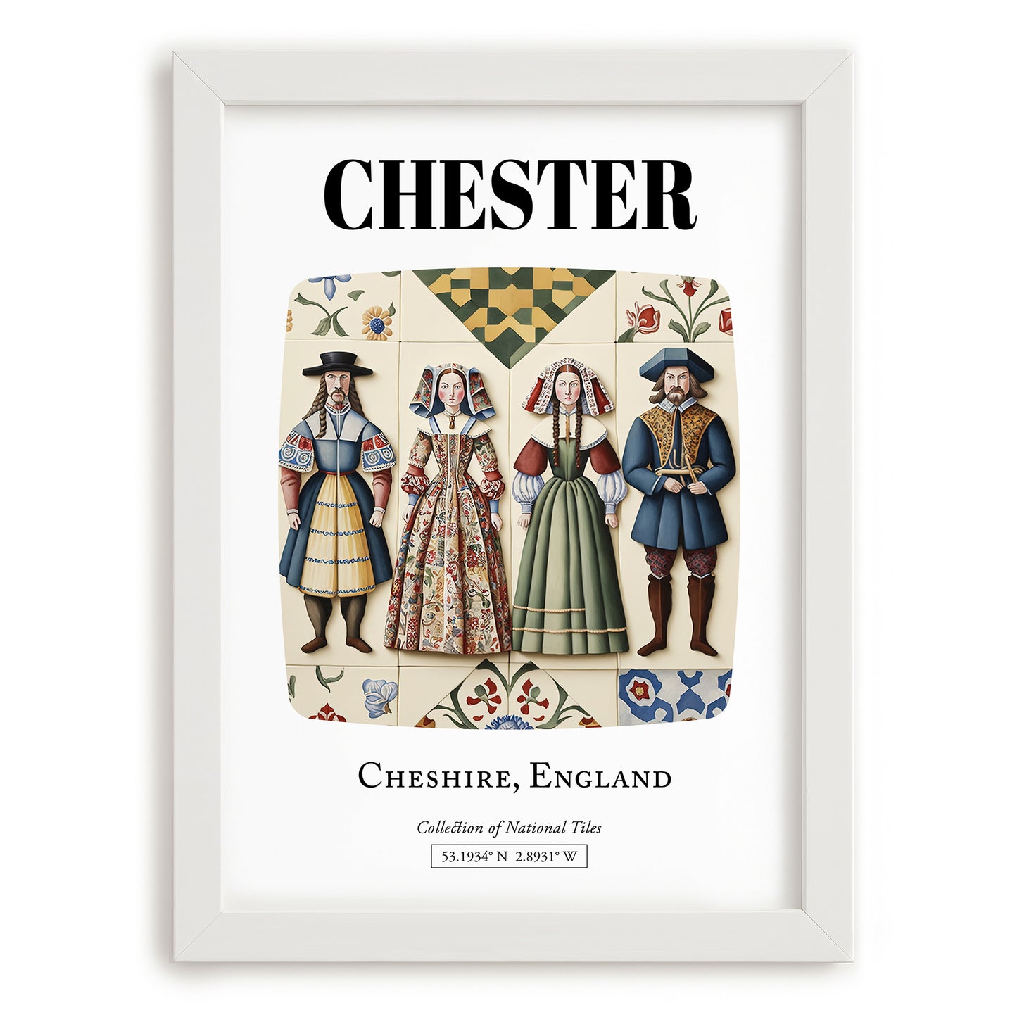 Chester, England – Cityscape Wall Art, placed in minimal white frame