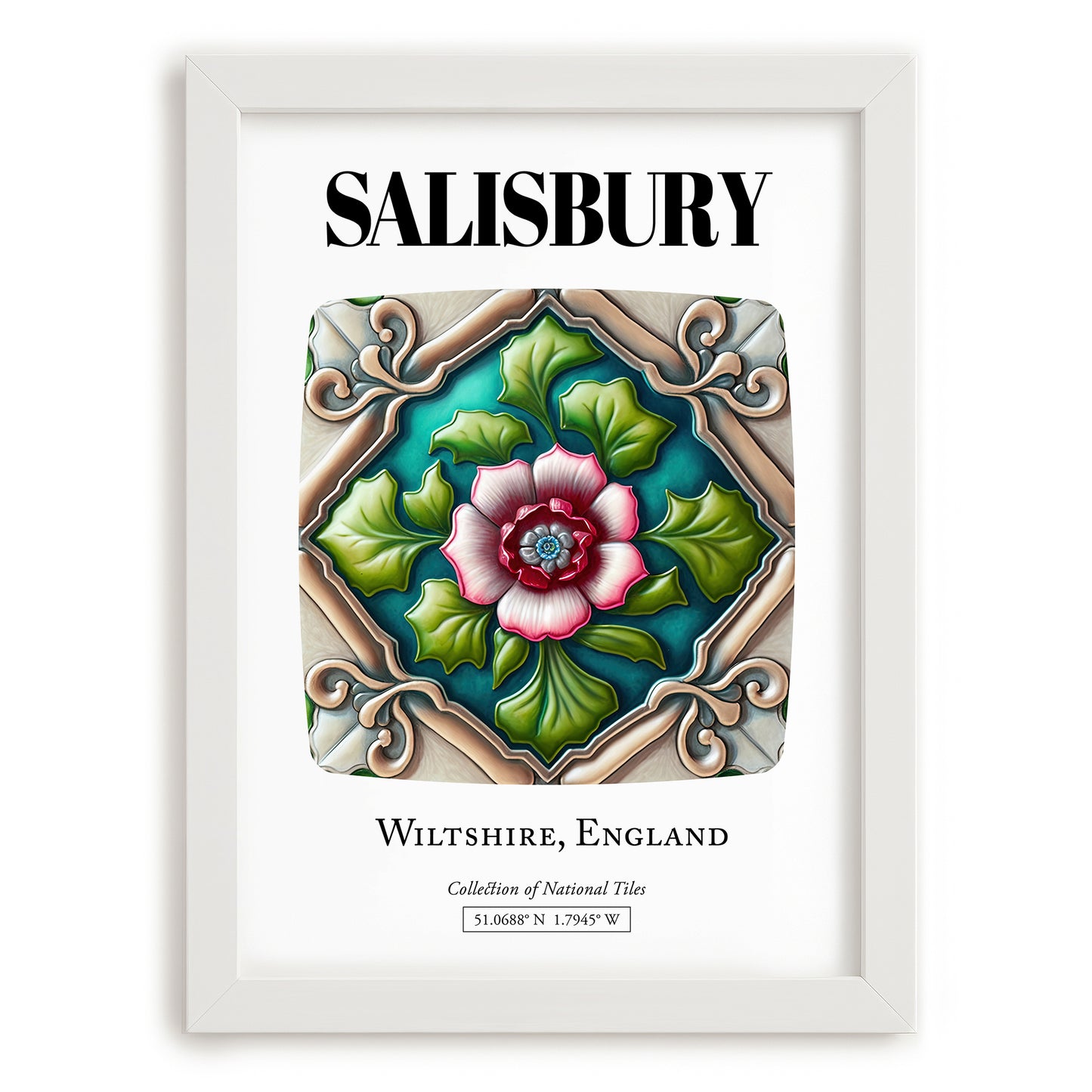 Salisbury, England – Travel Poster, placed in minimal white frame