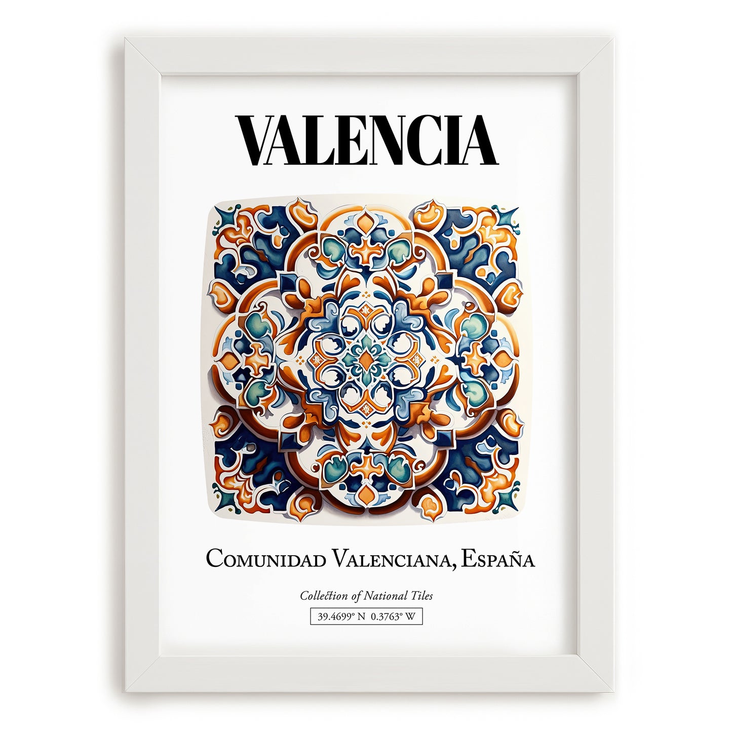 Valencia, Spain – Cityscape Wall Art, placed in minimal white frame