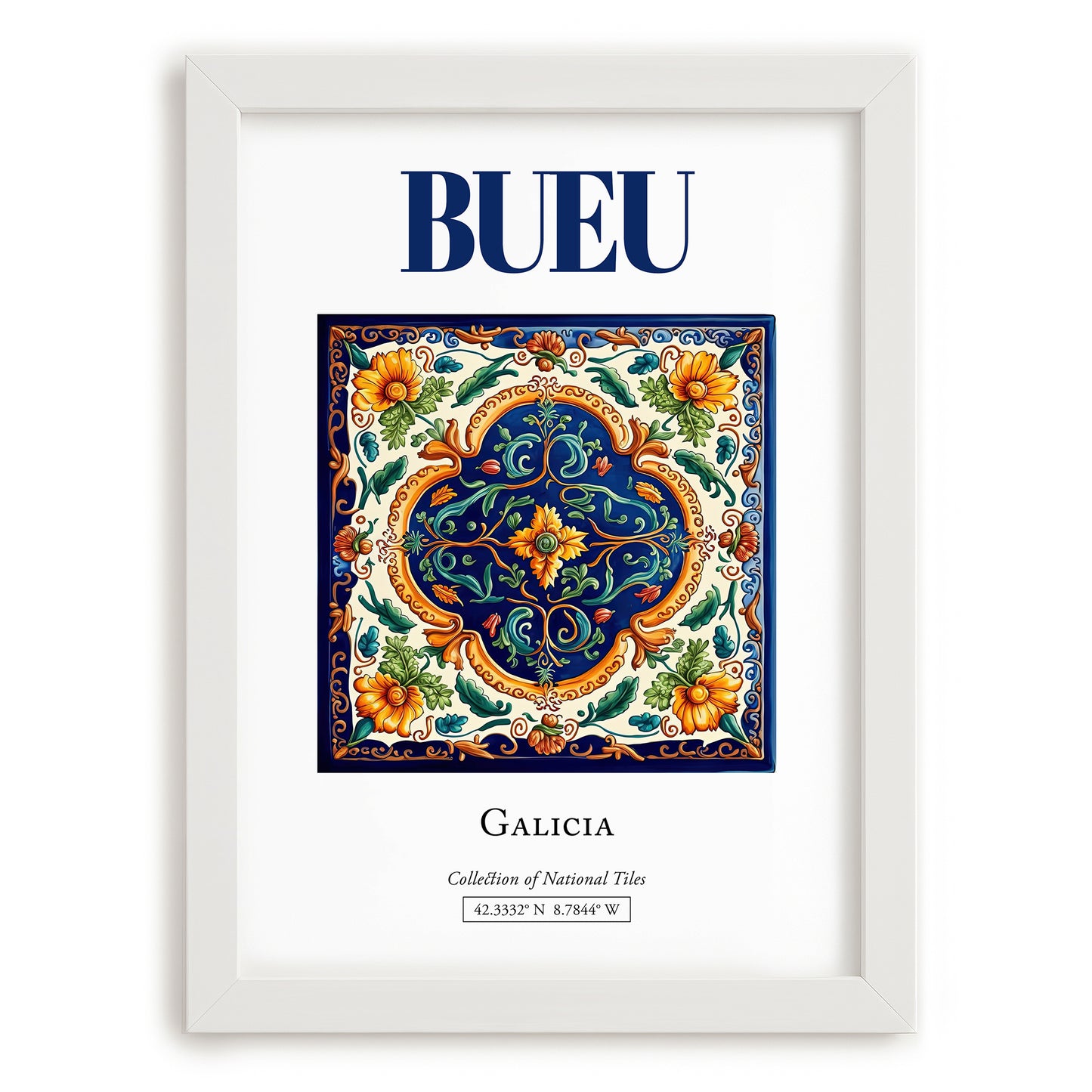 Bueu, Spain – Travel Poster, placed in minimal white frame