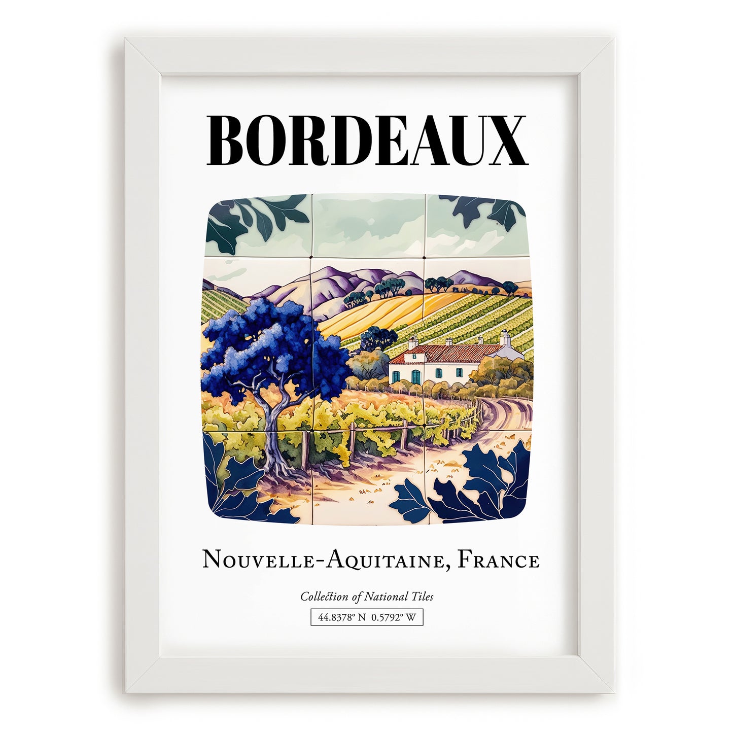 Bordeaux, France – Travel Print, placed in minimal white frame