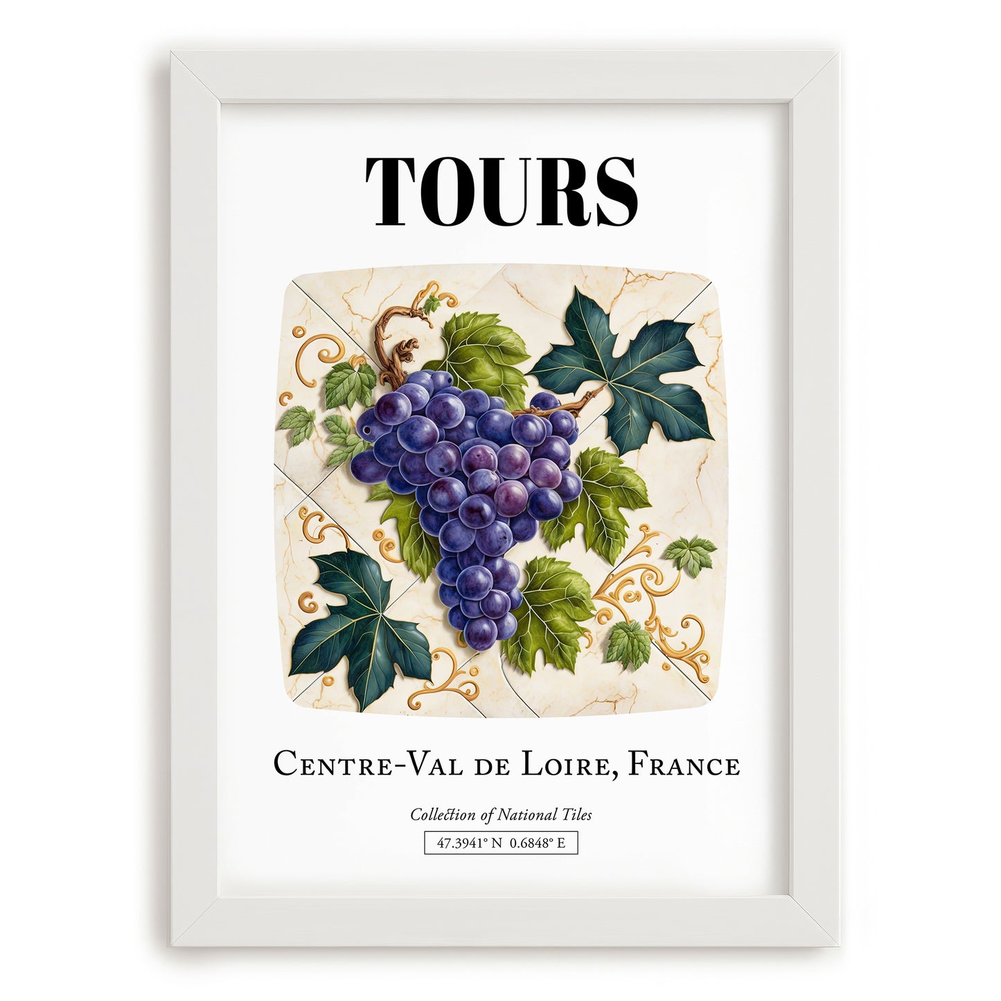 Tours, France – Cityscape Wall Art, placed in minimal white frame