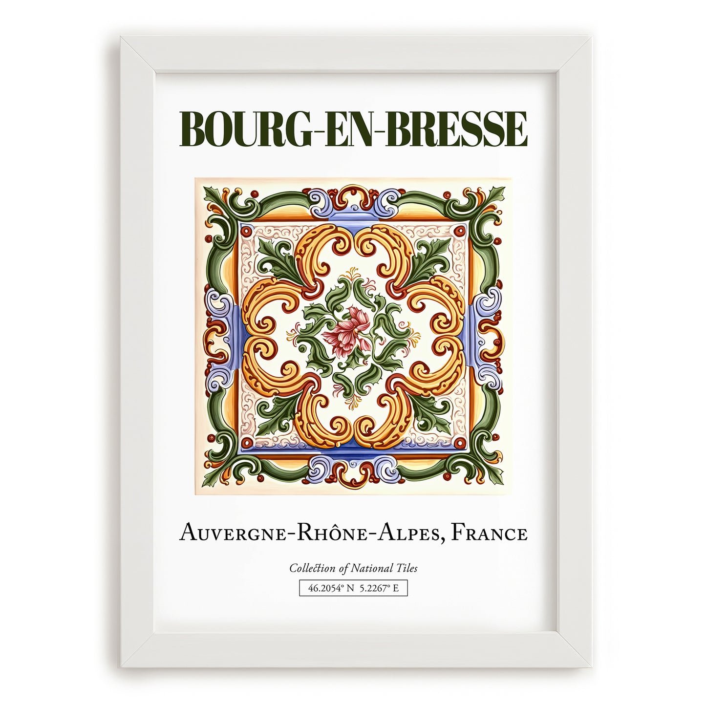 Bourg-en-Bresse, France – Travel Poster, placed in minimal white frame