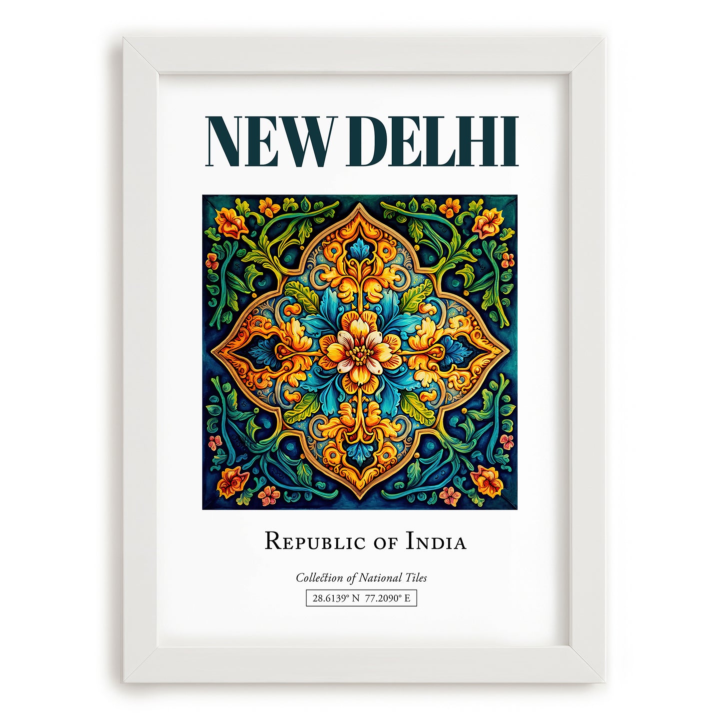 New Delhi, India – Travel Poster, placed in minimal white frame