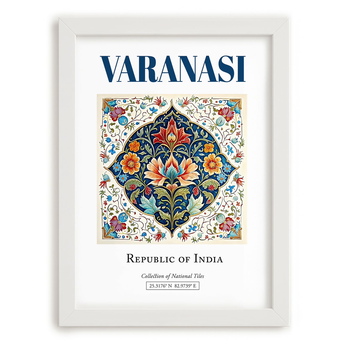 Varanasi, India – Minimalist Travel Print, placed in minimal white frame