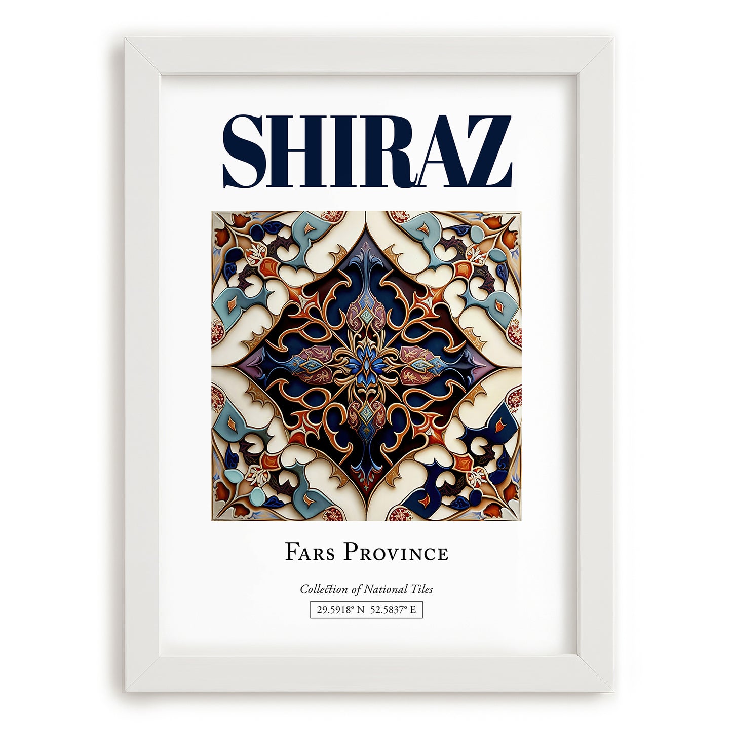 Shiraz, Iran – Travel Poster, placed in minimal white frame