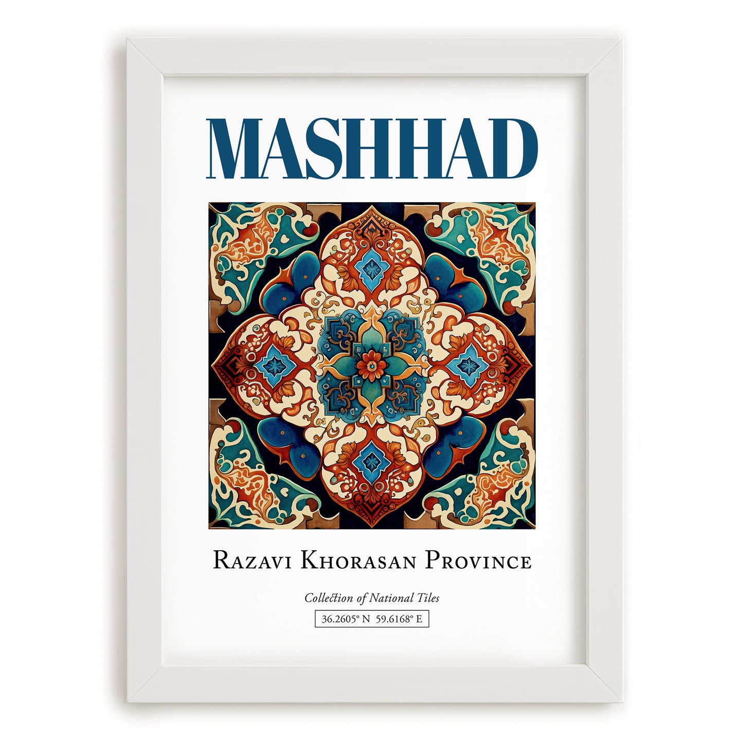 Mashhad, Iran – Architectural Travel Art, placed in minimal white frame