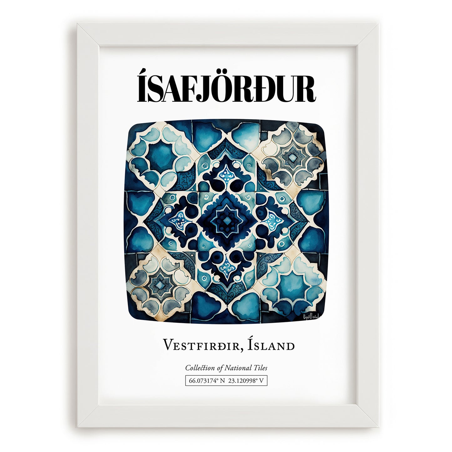 Ísafjörður, Iceland – Travel Print, placed in minimal white frame