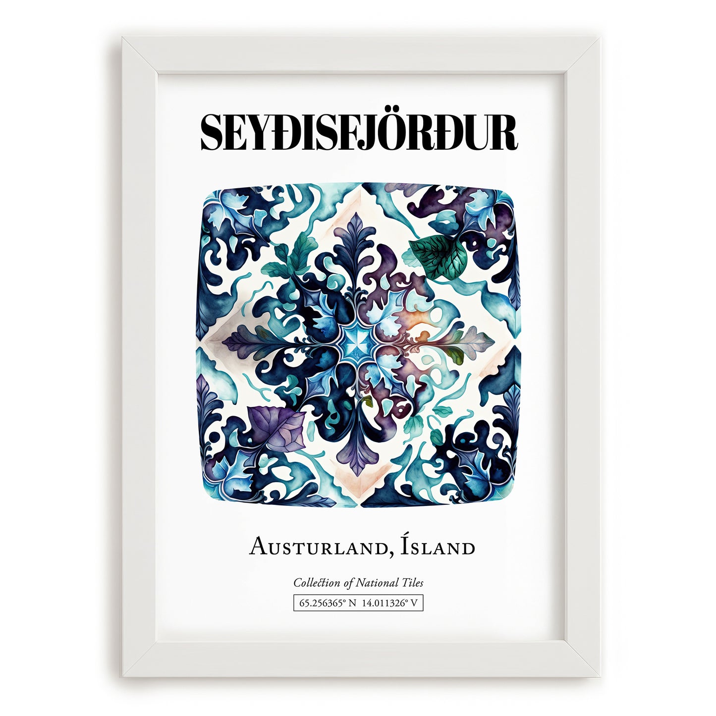 Seyðisfjörður, Iceland – Travel Poster, placed in minimal white frame
