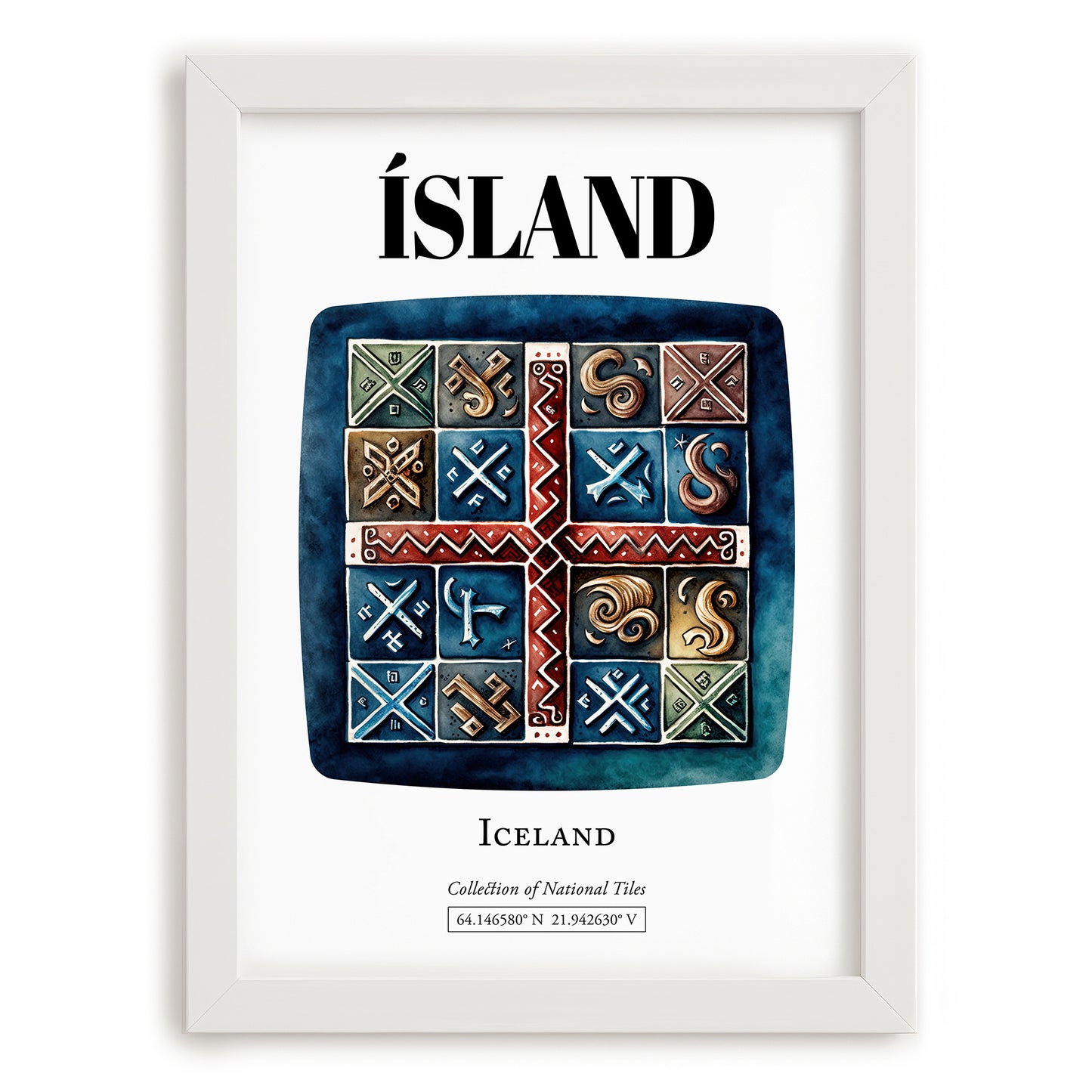Ísland, Iceland – World Heritage Travel Poster, placed in minimal white frame
