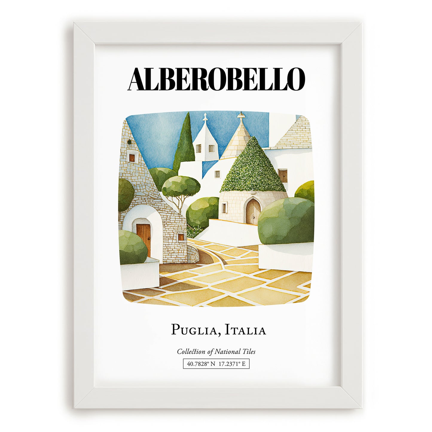 Alberobello, Italy – Cityscape Wall Art, placed in minimal white frame