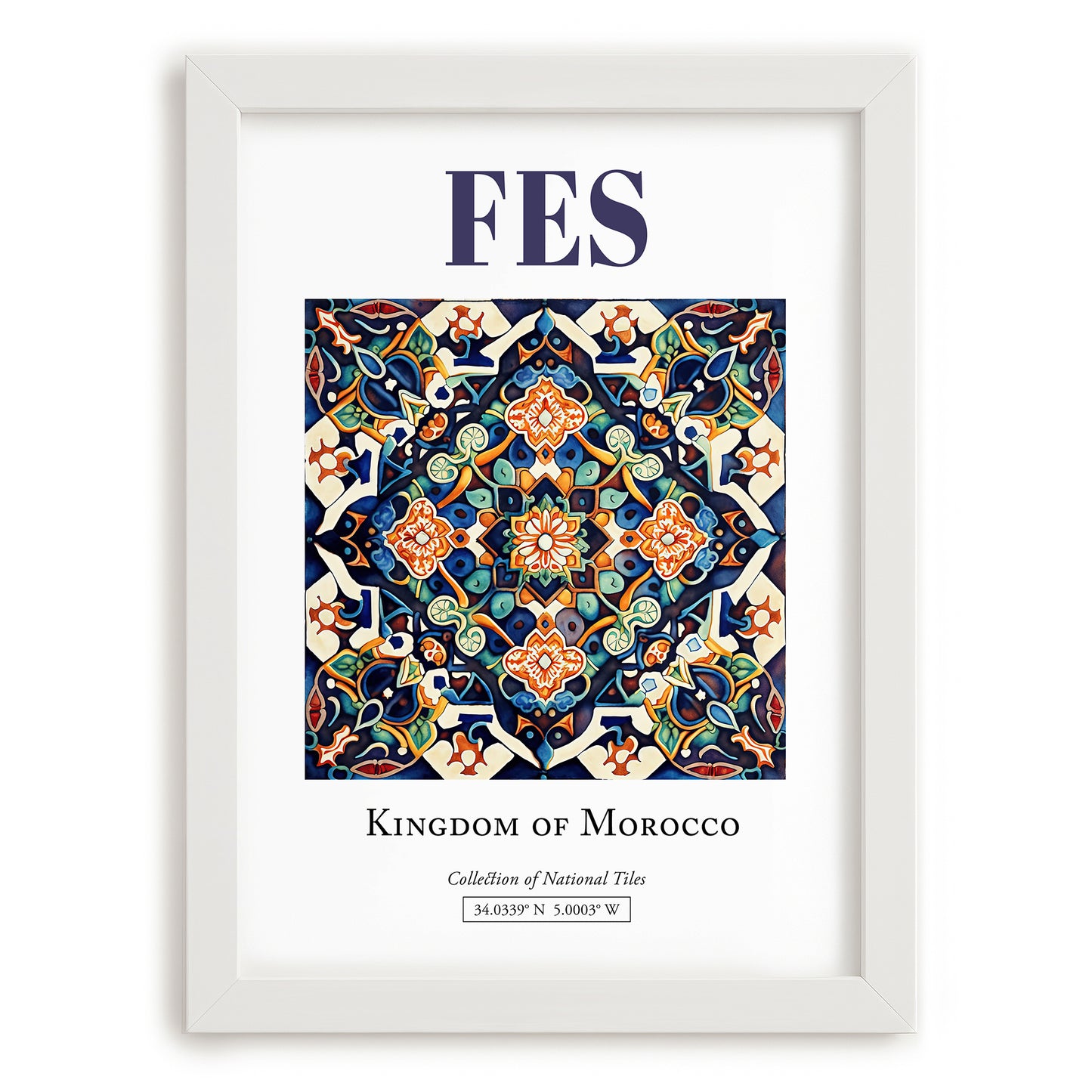 Fes, Morocco – Travel Poster, placed in minimal white frame