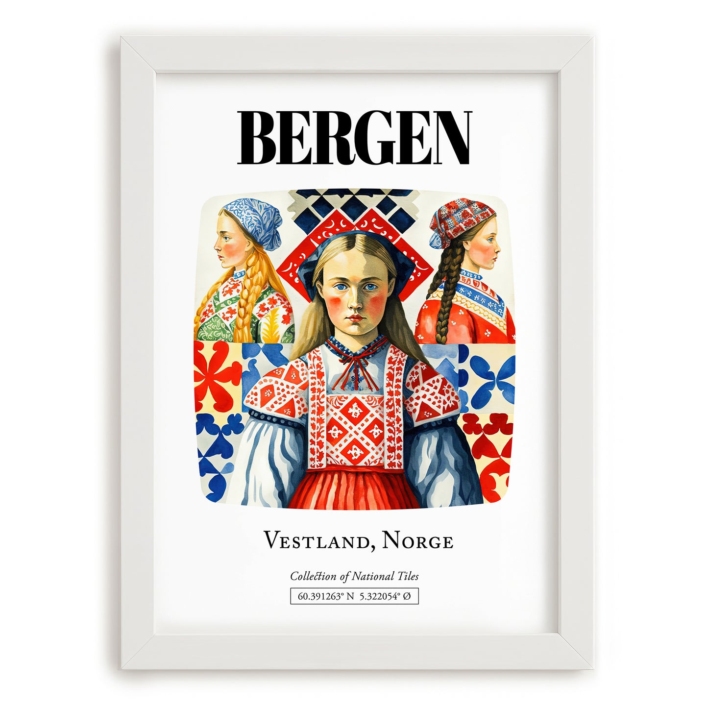 Bergen, Norway – Minimalist Travel Print, placed in minimal white frame