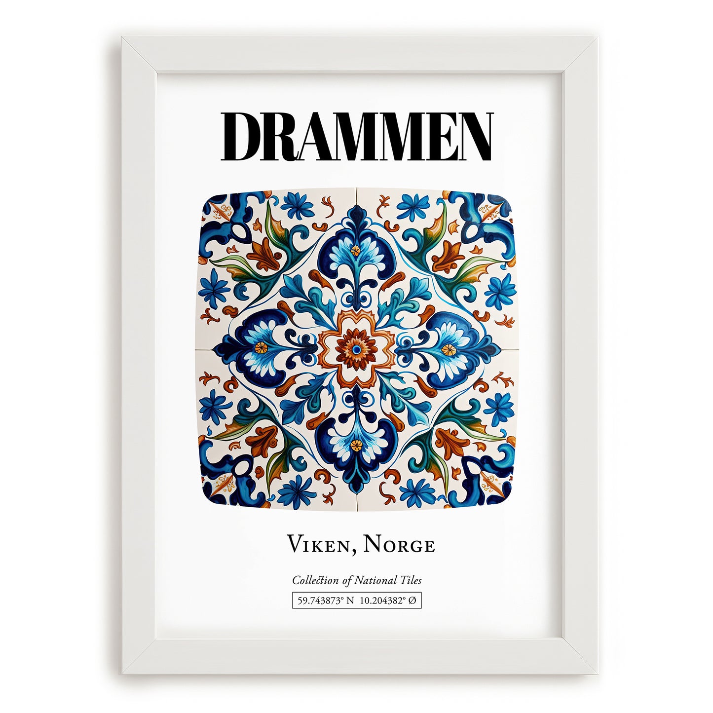 Drammen, Norway – Travel Poster, placed in minimal white frame