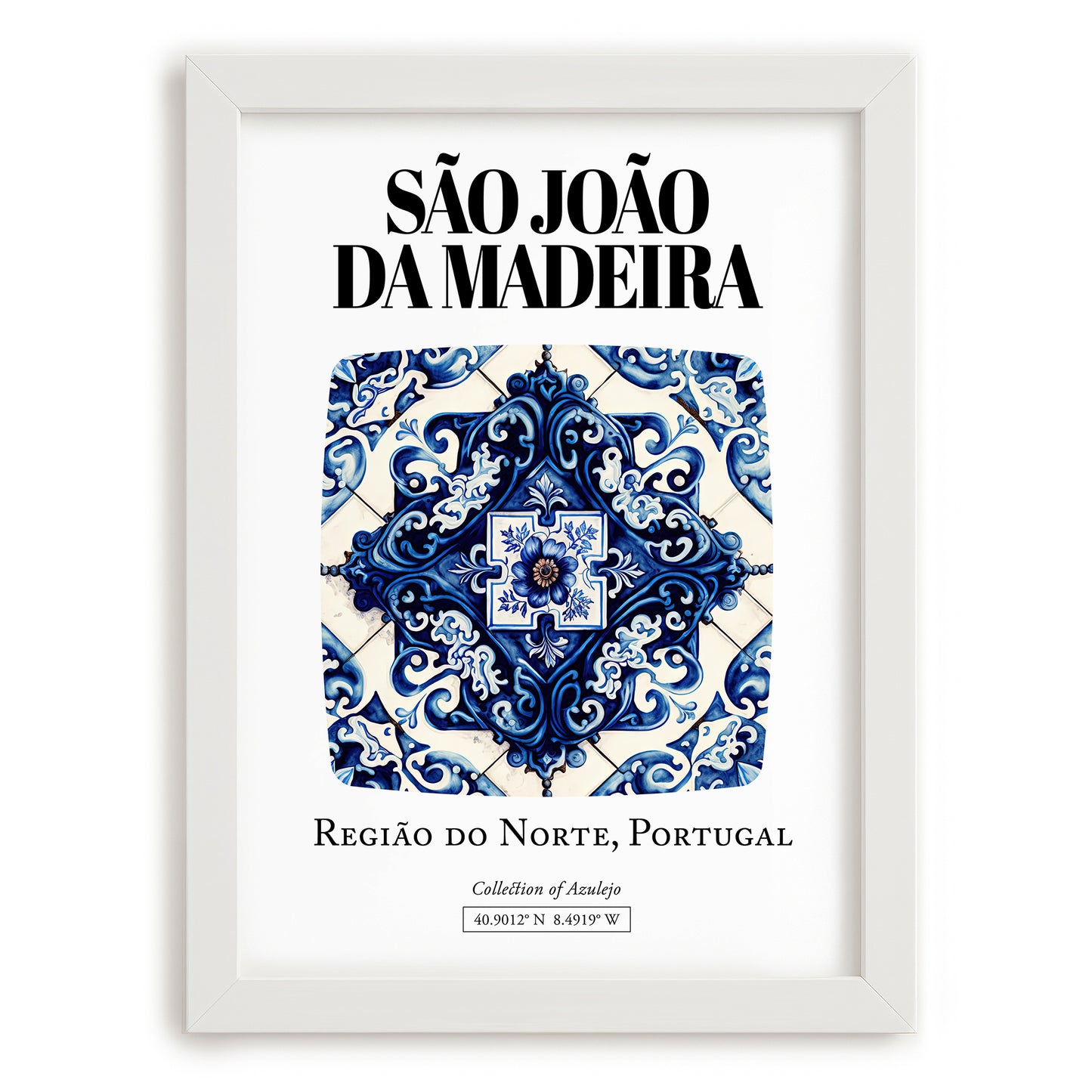 São João Da Madeira, Portugal – Travel Print, placed in minimal white frame
