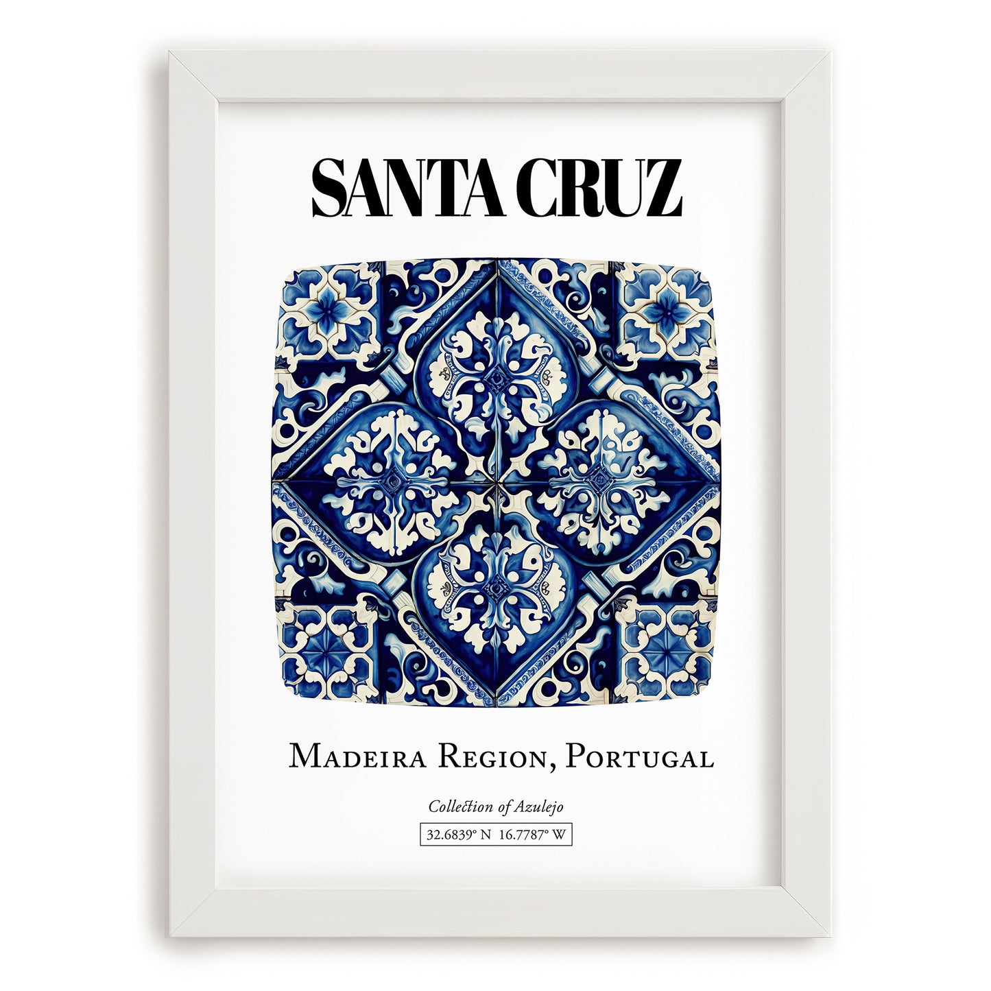 Santa Cruz, Portugal – Minimalist Travel Print, placed in minimal white frame