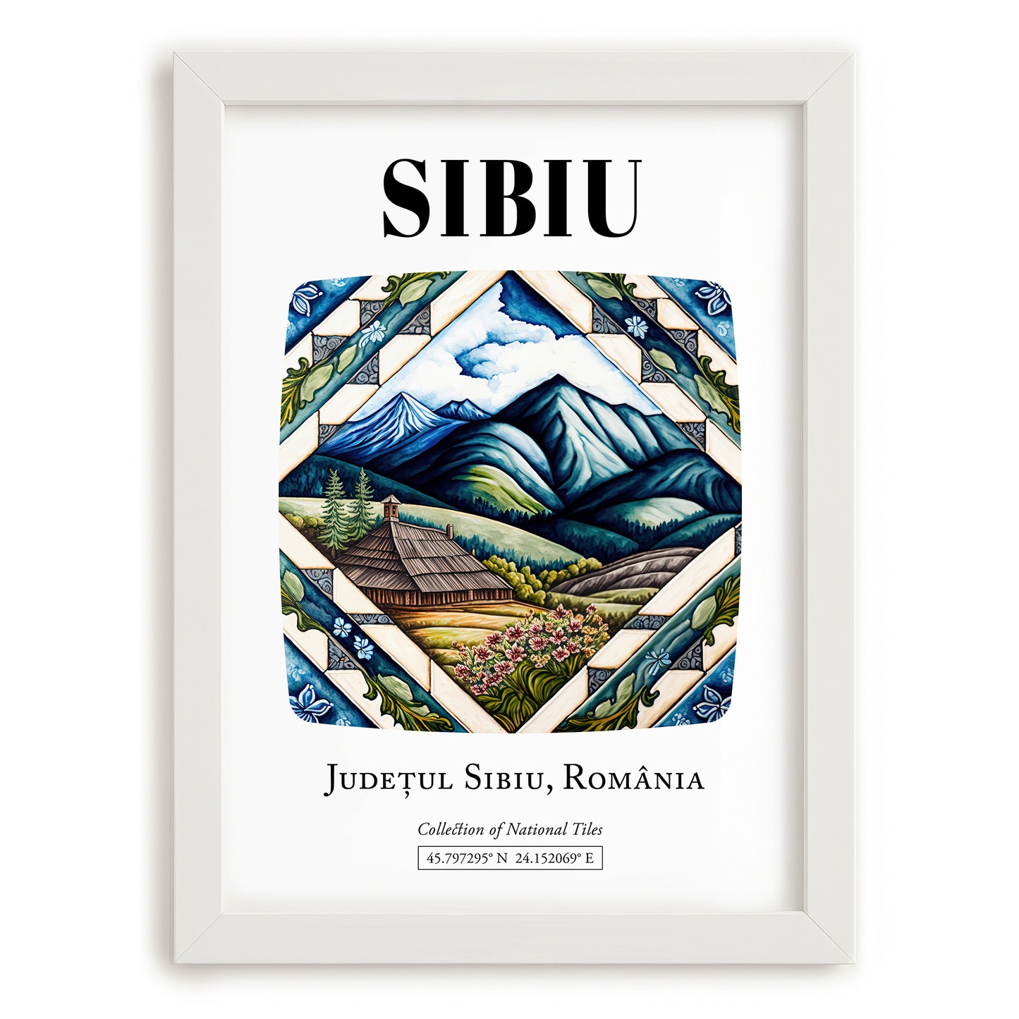 Sibiu, Romania – Travel Print, placed in minimal white frame