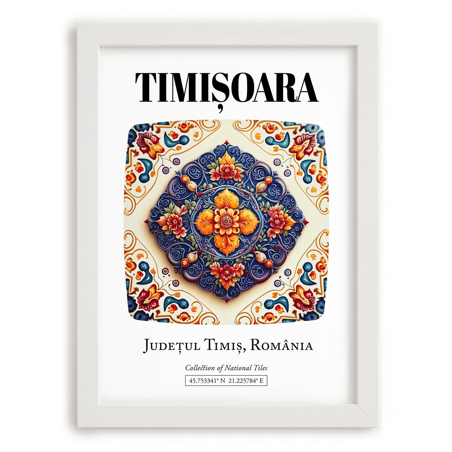 Timișoara, Romania – Retro Travel Poster, placed in minimal white frame