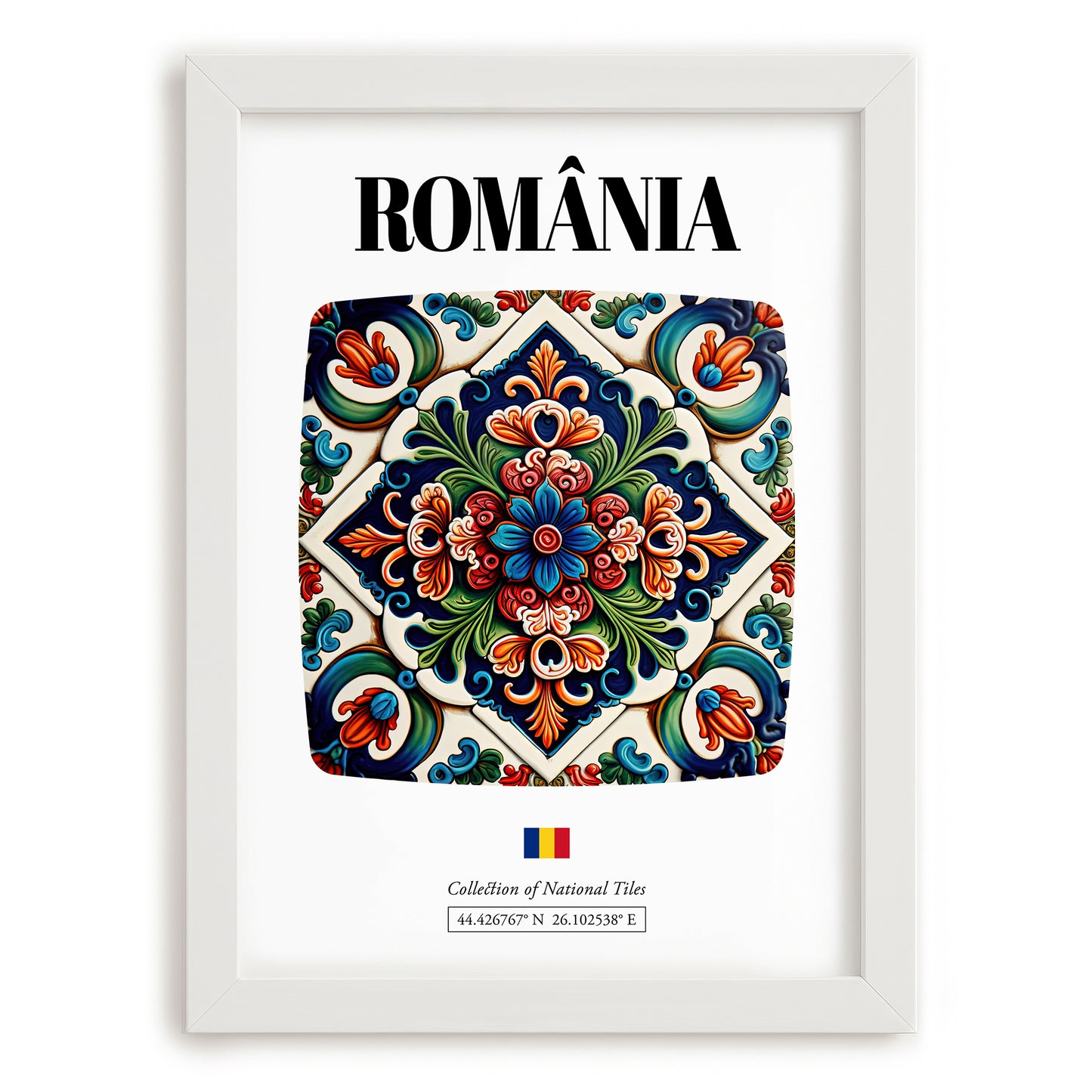 România, Romania – Illustrated Travel Poster, placed in minimal white frame